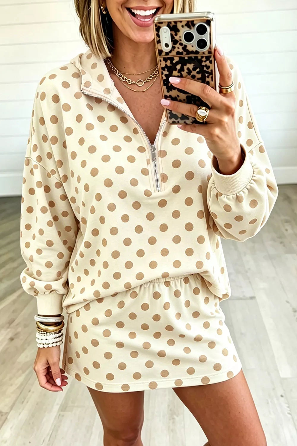 Trendsi Polka Dot Quarter Zip Sweatshirt and Shorts Set -