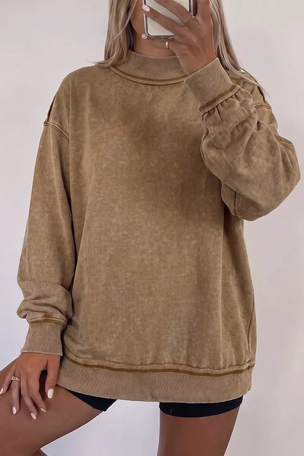 Washed High Neck Long Sleeve Sweatshirt — front view