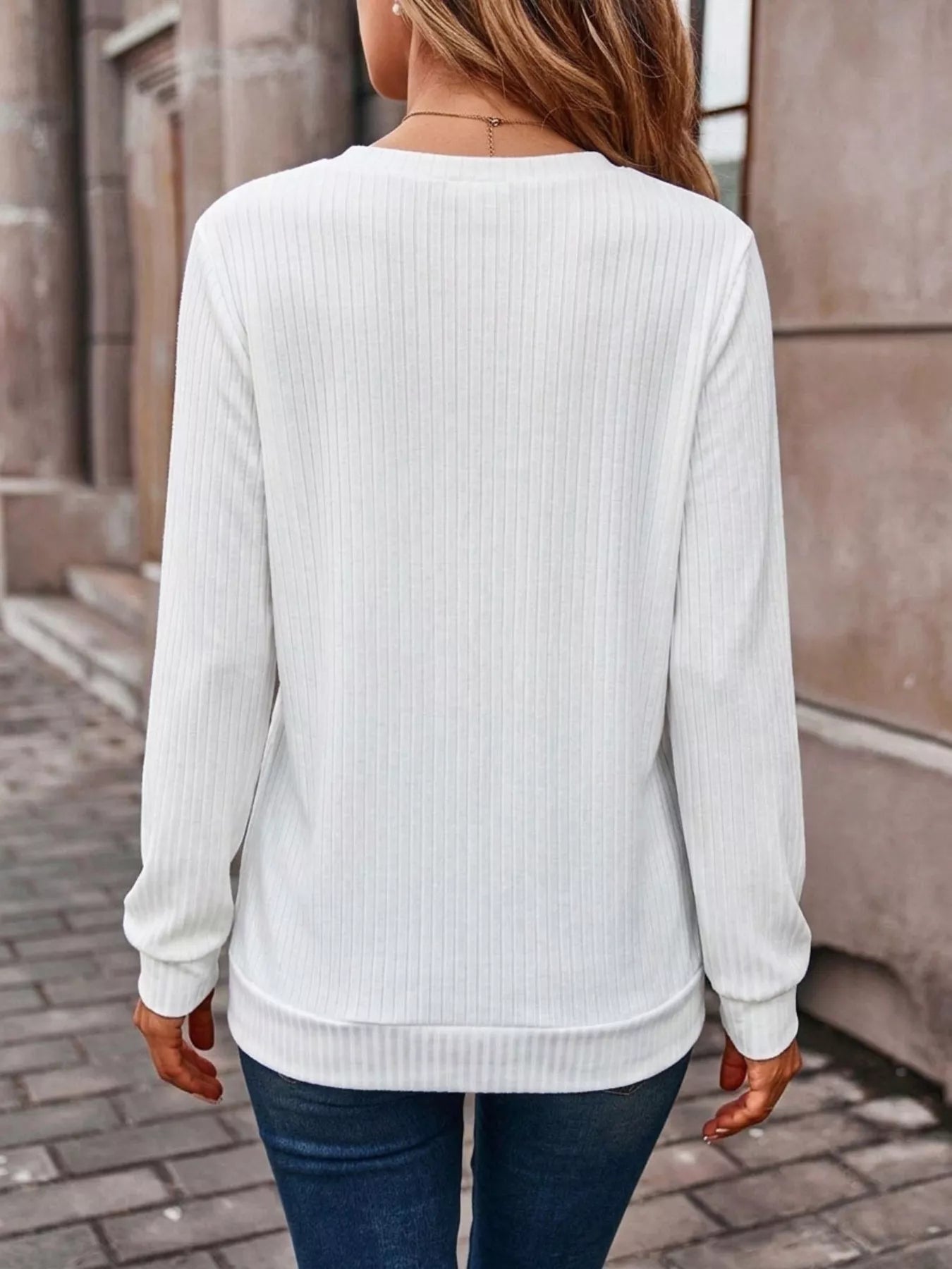 Trendsi Ribbed V-Neck Long Sleeve T-Shirt -