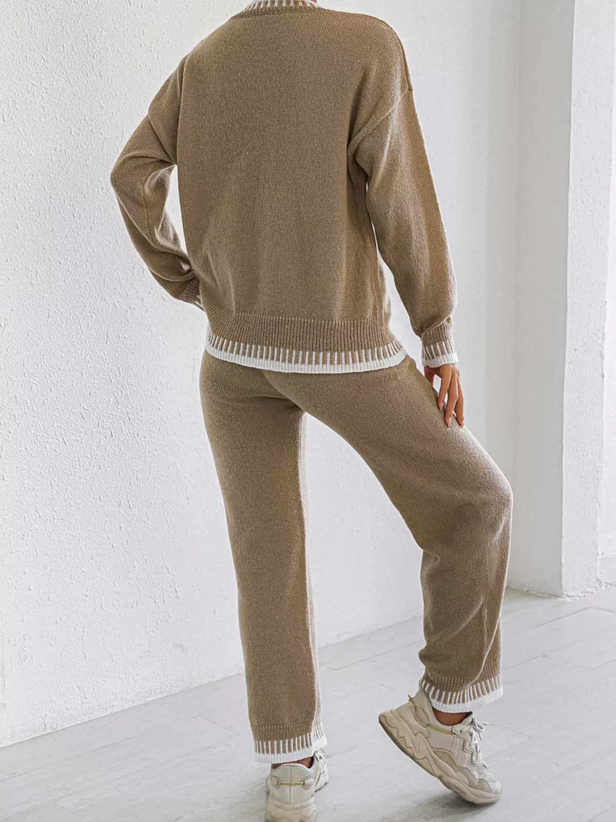 Taupe Contrast Trim Crew Neck Sweater and Pants Set back view