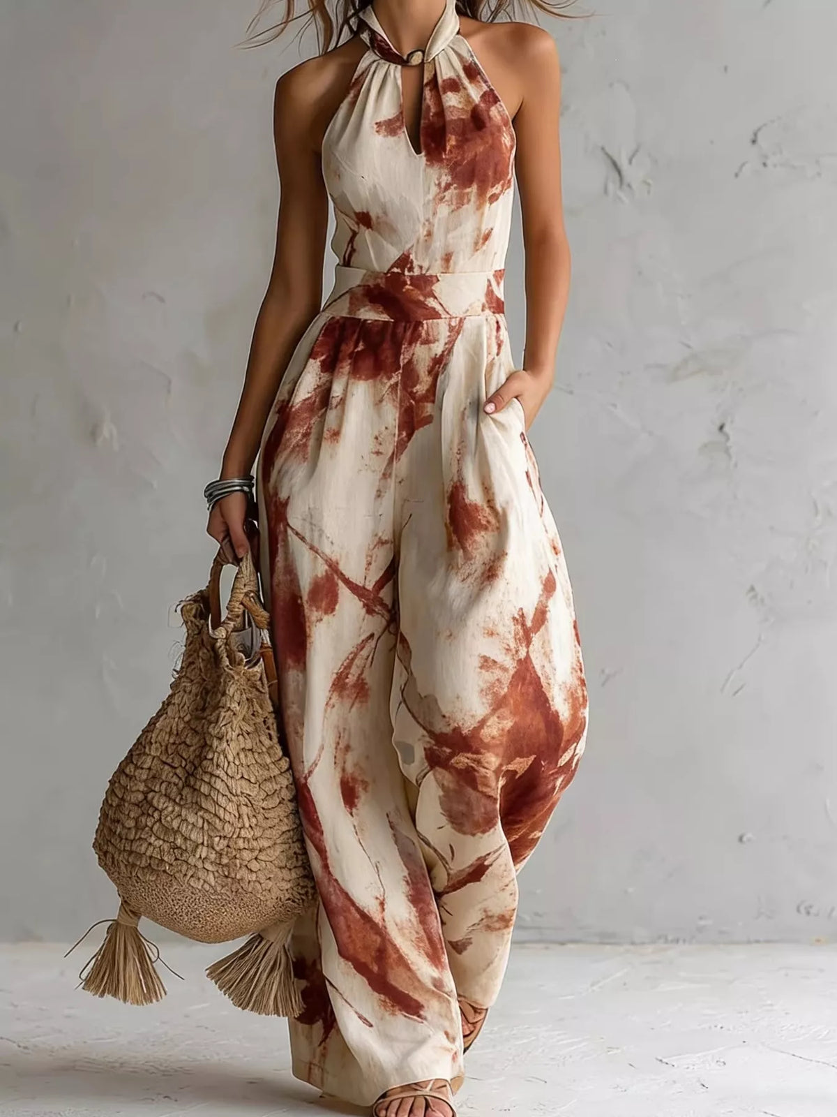 Burnt Coral Ink Wash Print Halter Neck Wide-Leg Jumpsuit front view