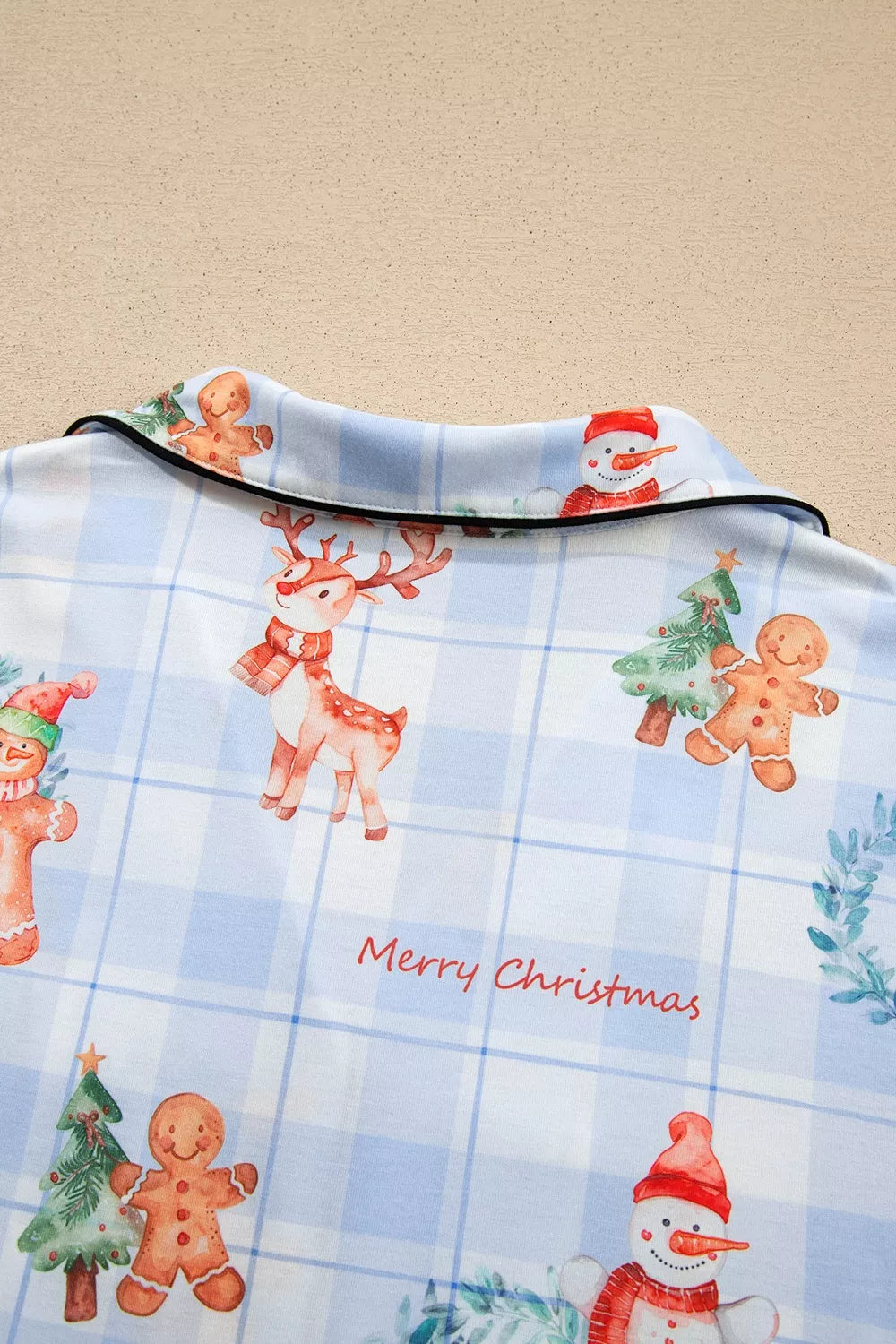 Light blue Christmas print plaid pajama set, back neckline detail