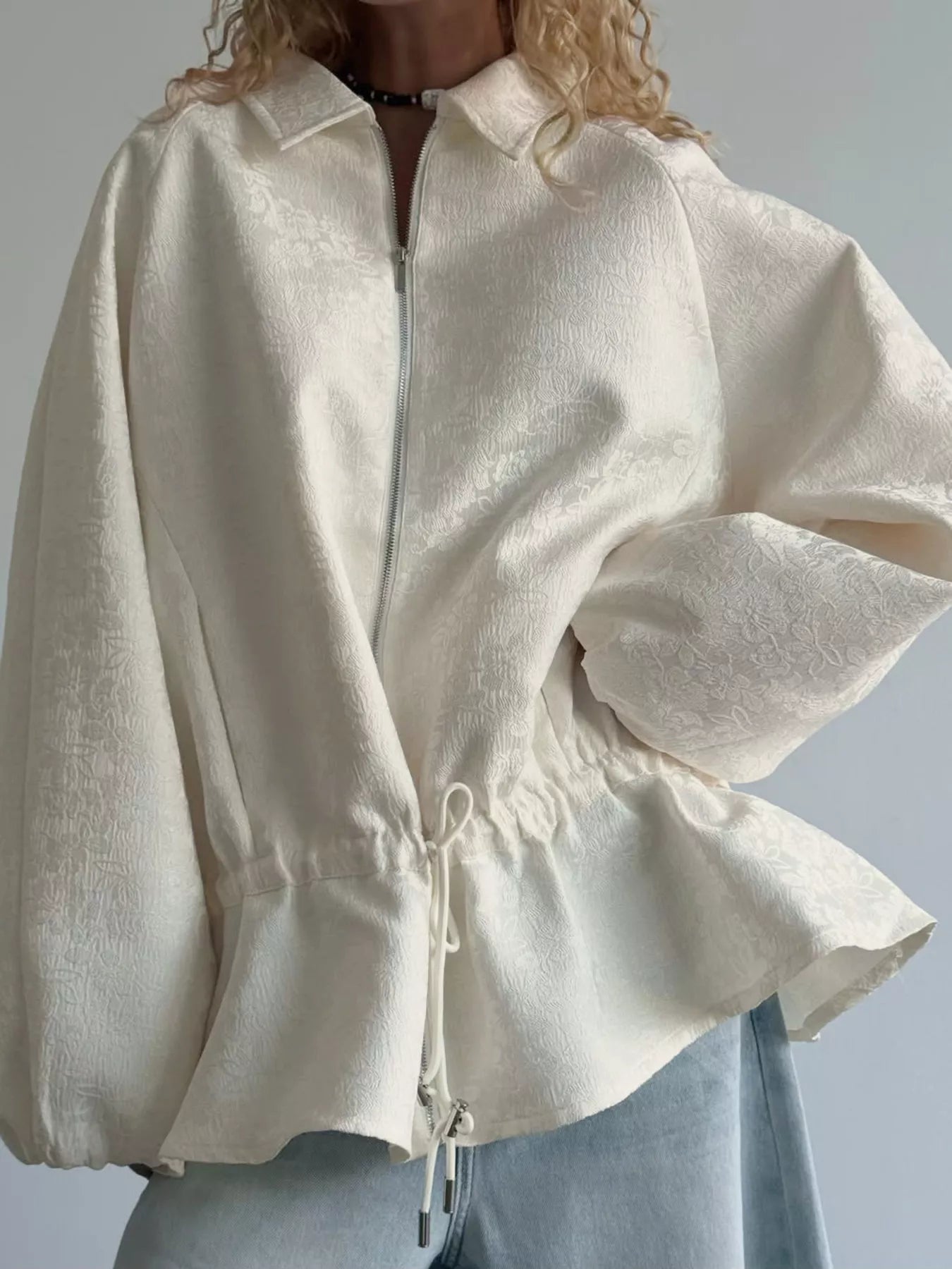 Trendsi Jacquard Bomber Jacket with Drawstring Waist -