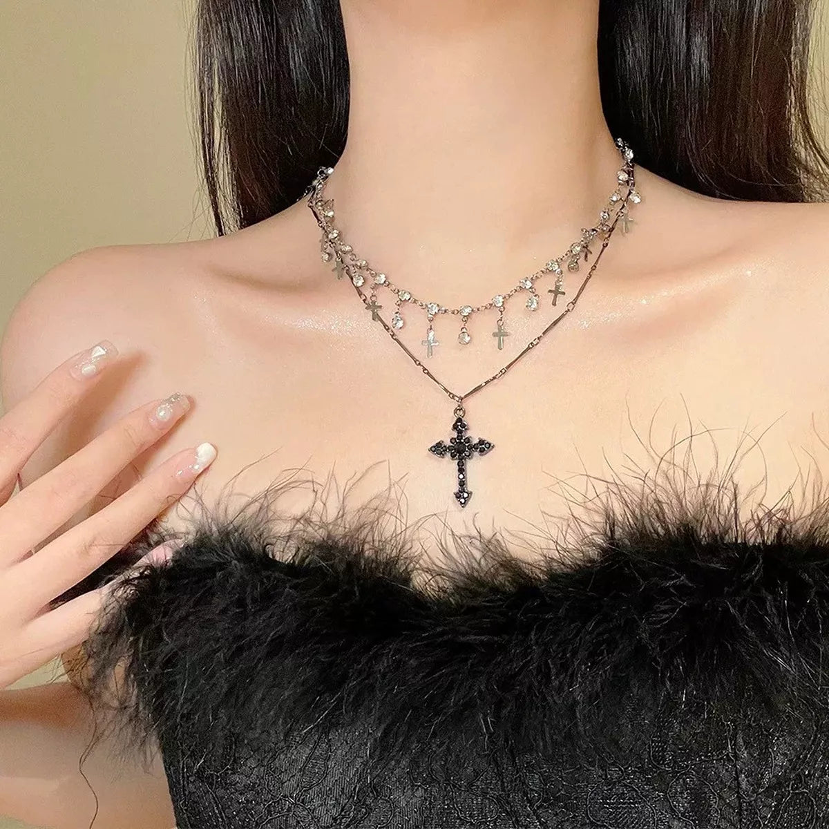 Black double-layer cross pendant necklace