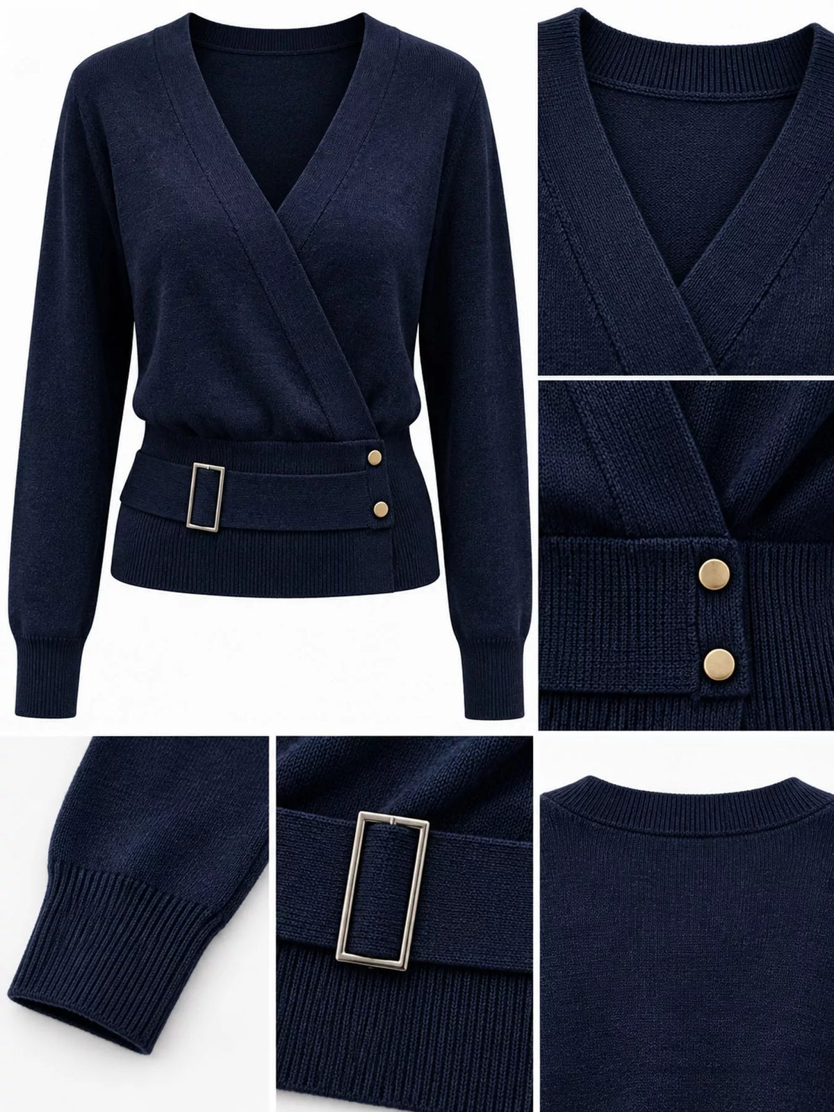 Surplice knit top, navy detail collage