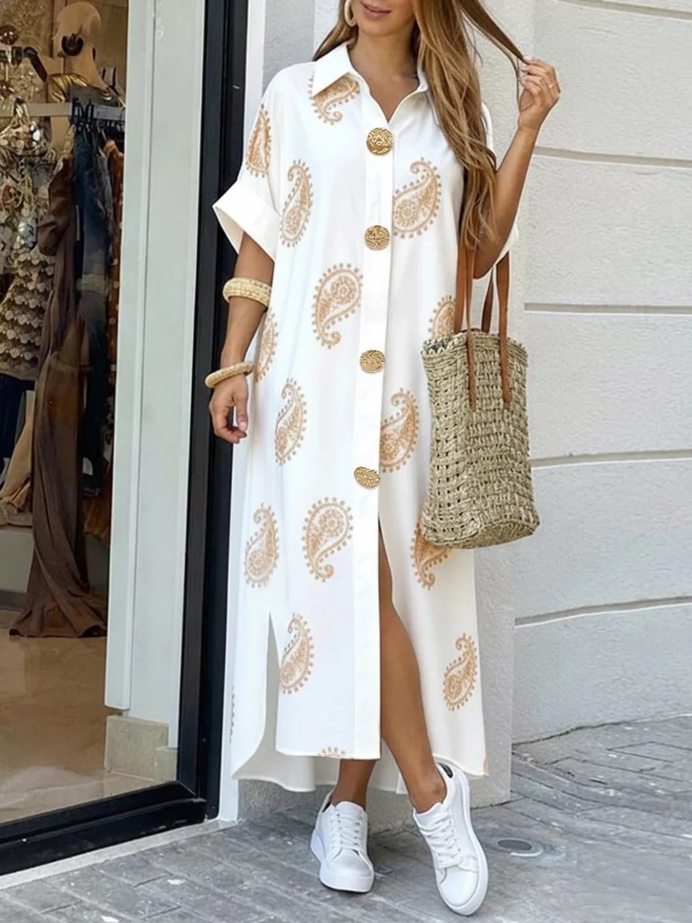 Trendsi Floral Print Button-Down Maxi Shirt Dress -