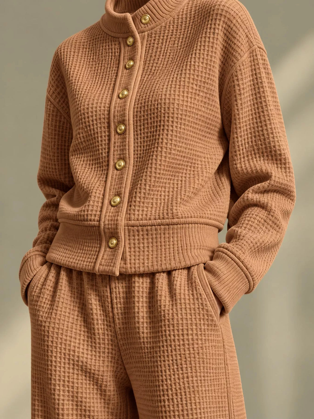 Camel waffle knit button-up outerwear and wide-leg pants set
