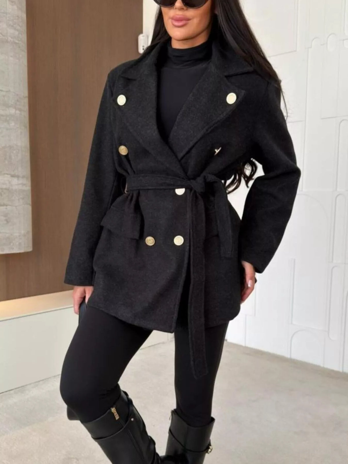 Black double-breasted belted wool-blend coat