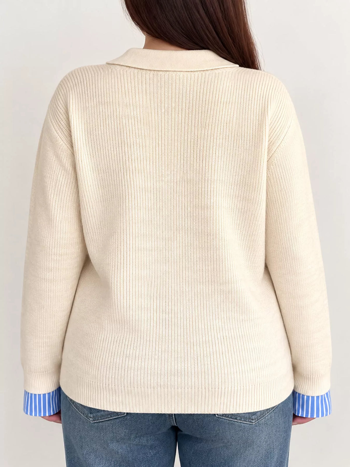Cream layered look striped sweater, back view