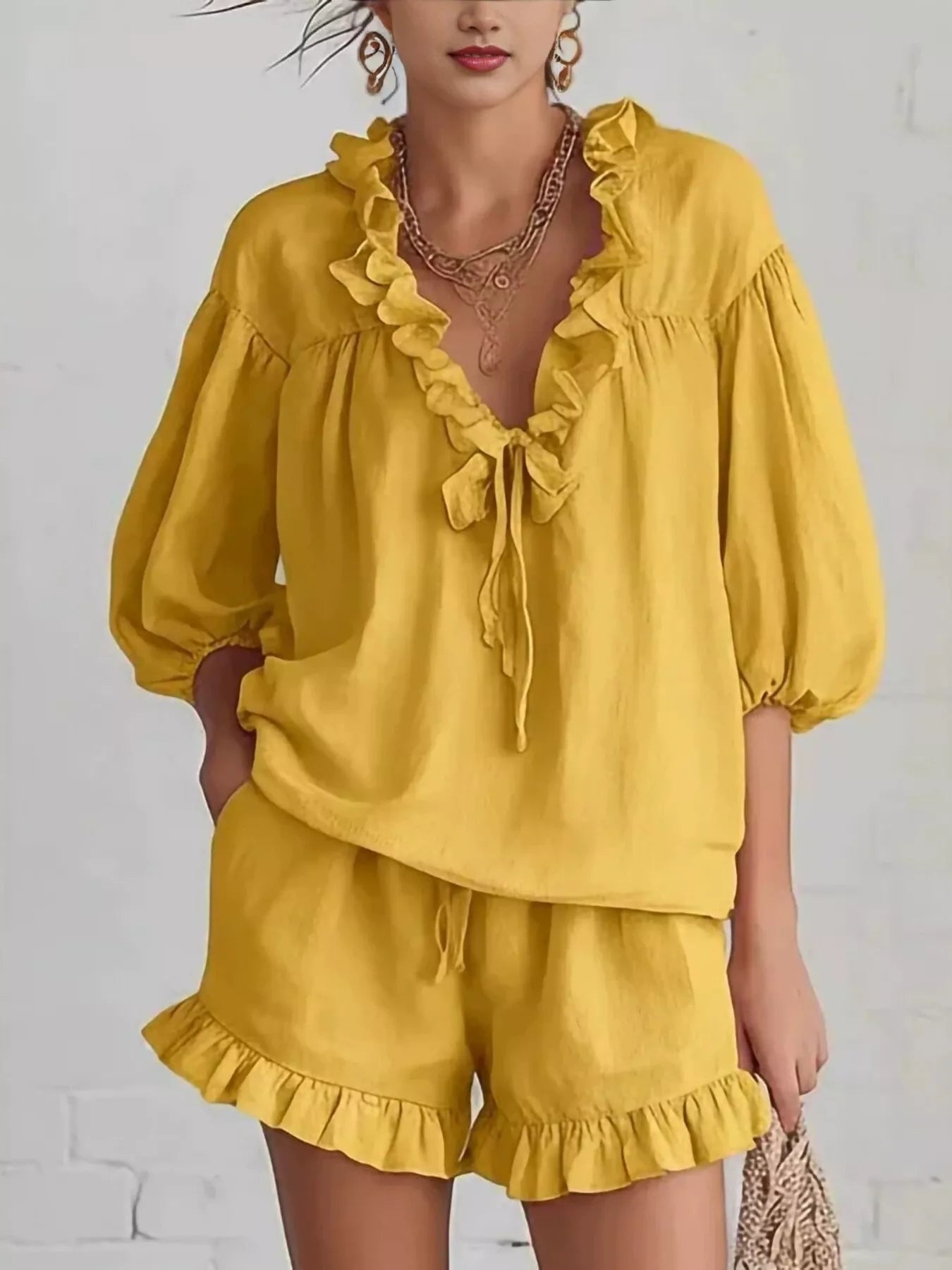 Trendsi Ruffled V-Neck Blouse and Shorts Set -