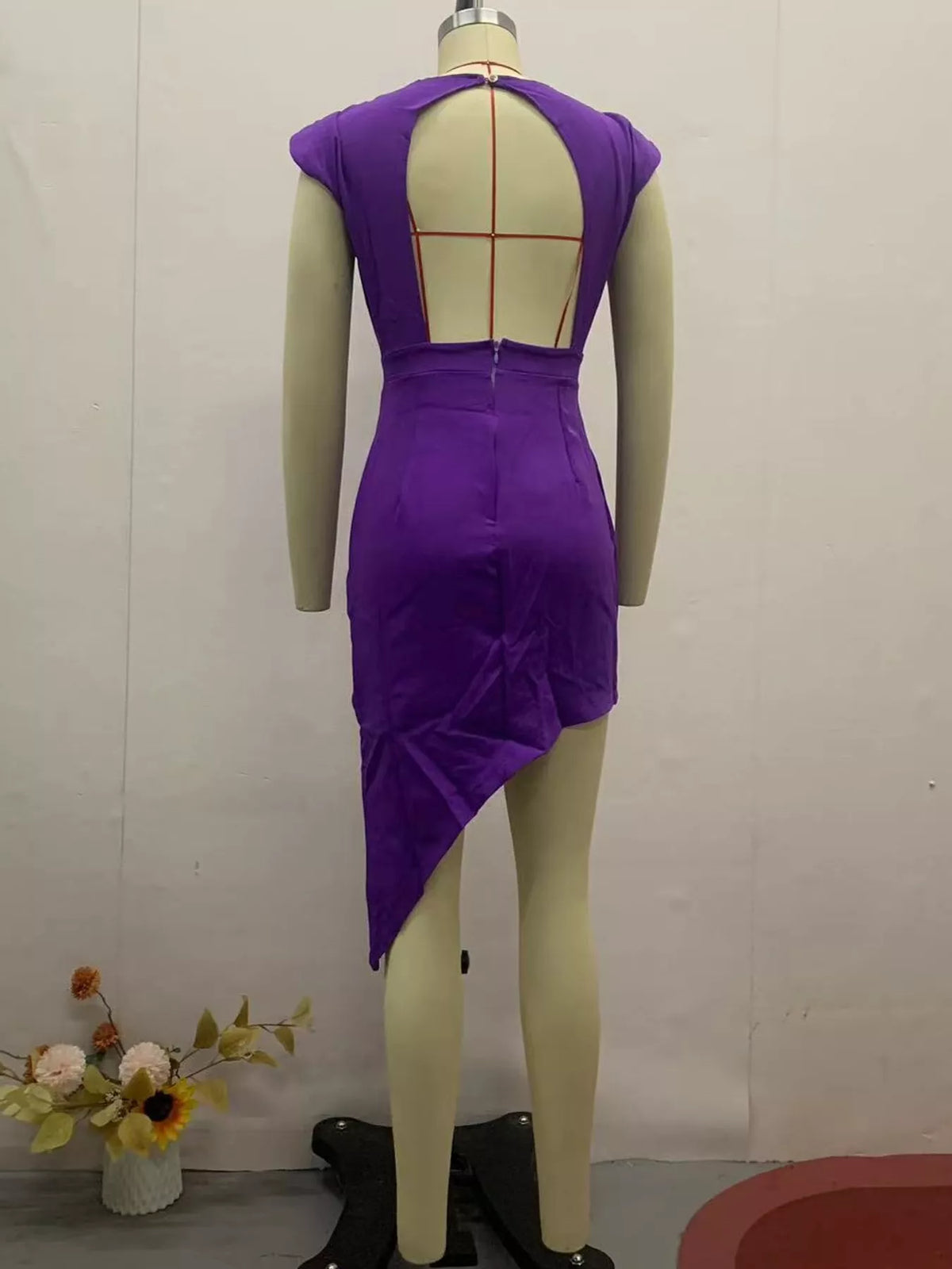 Women's Asymmetrical Backless Pleated Dress in purple — mannequin back view