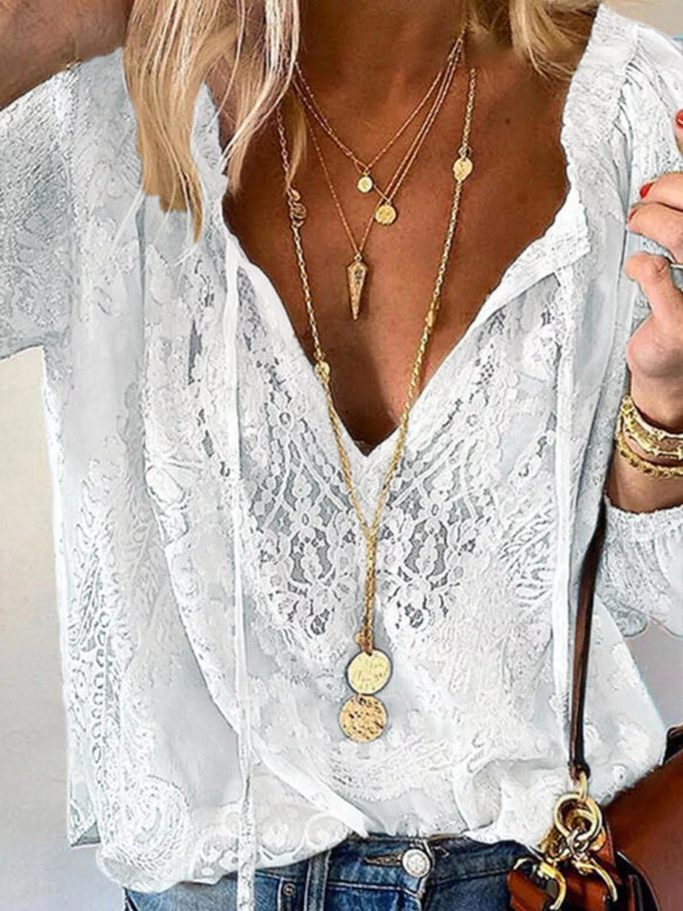 Trendsi Lace Tie Neck Long Sleeve Blouse -