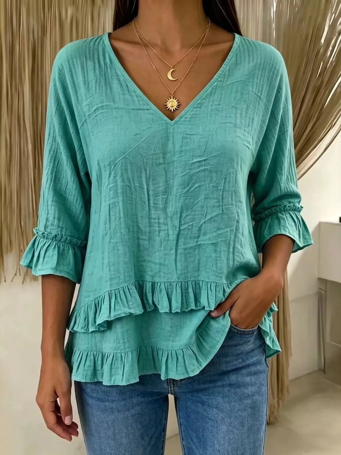 Trendsi V-Neck Ruffle Sleeve Top -