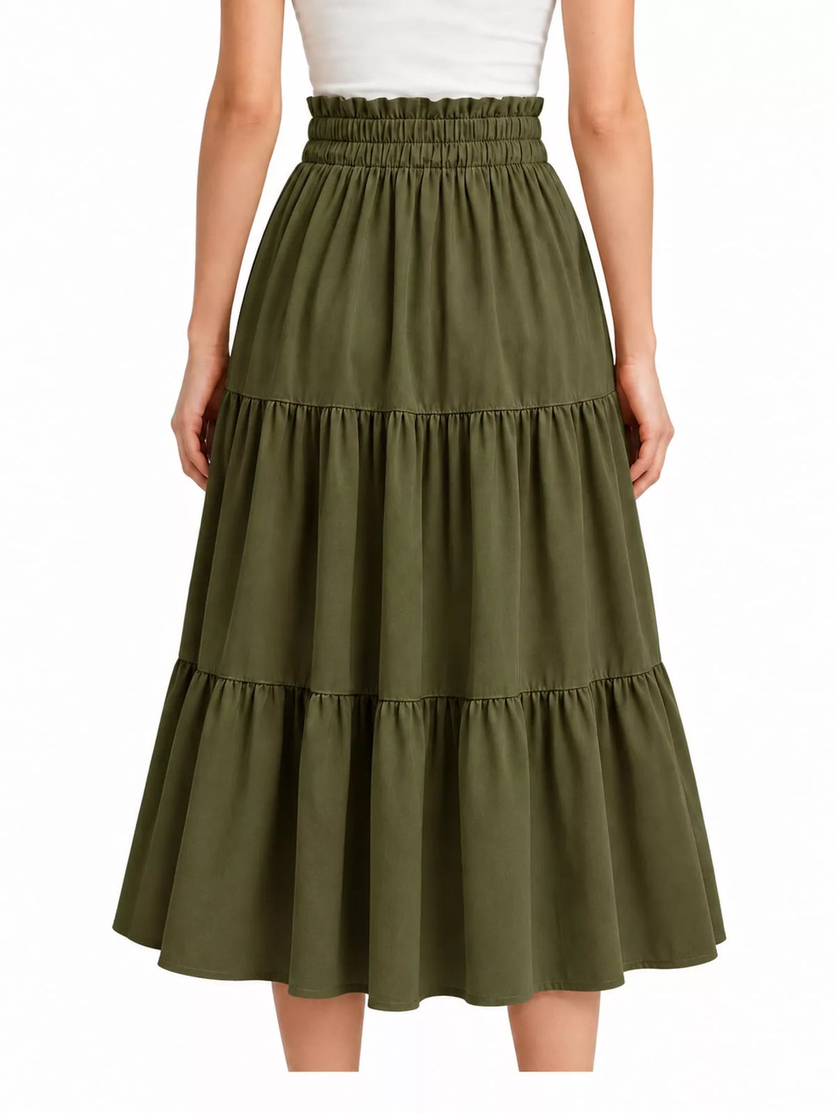 Olive drawstring tiered skirt — back view
