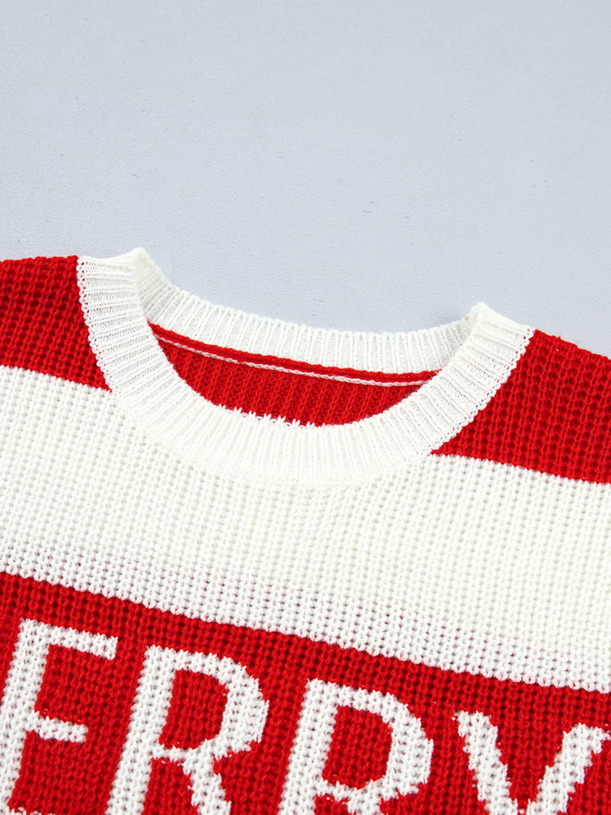 MERRY Striped Christmas Sweater in scarlet, construction detail