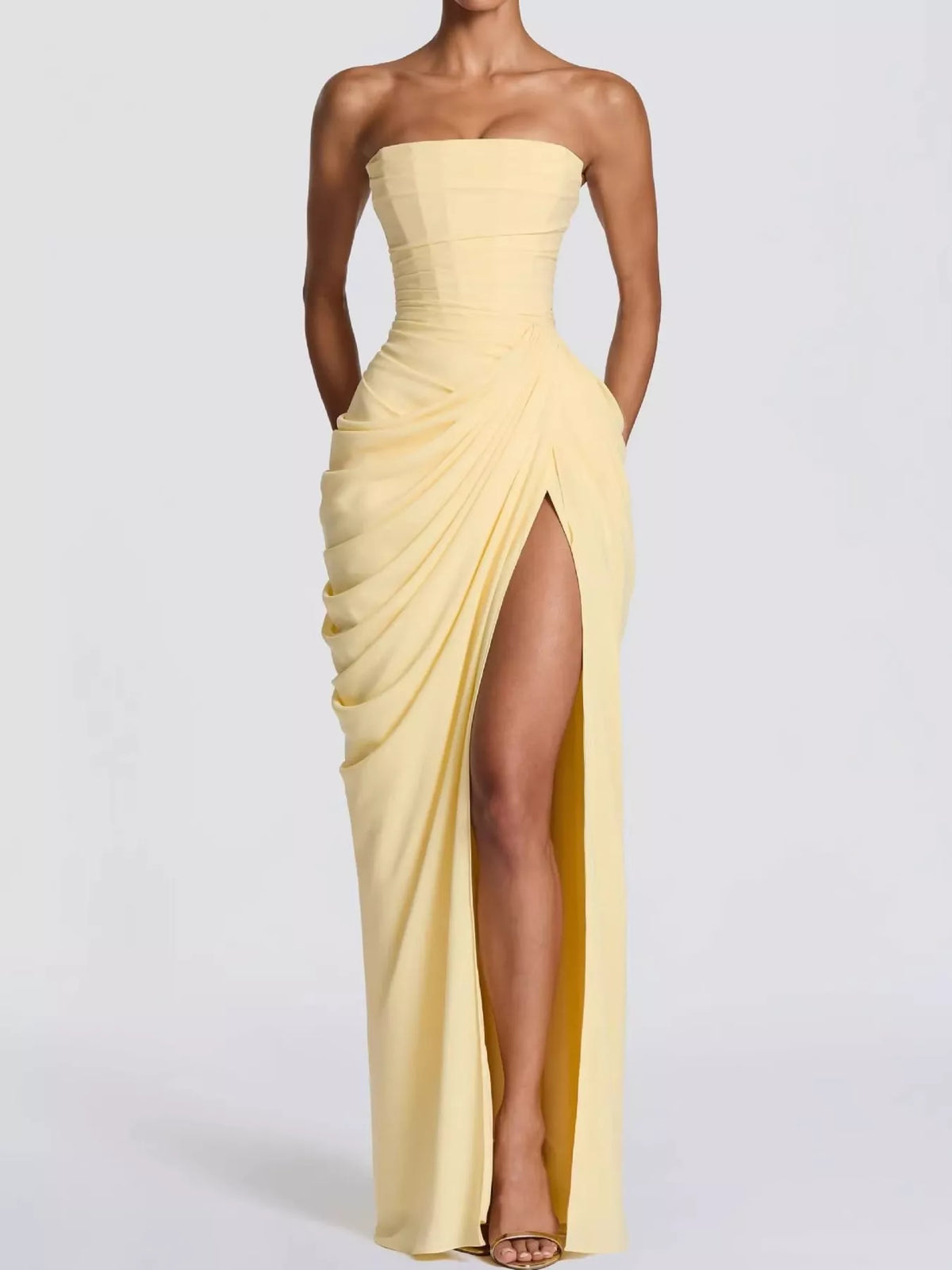 Yellow strapless ruched high-slit evening dress