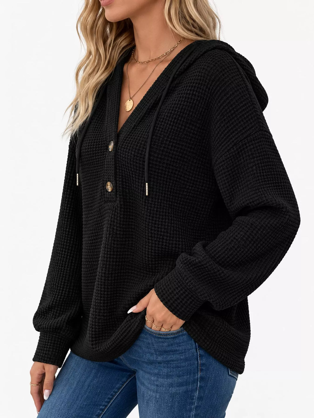 Black waffle knit button-detail hoodie, side view
