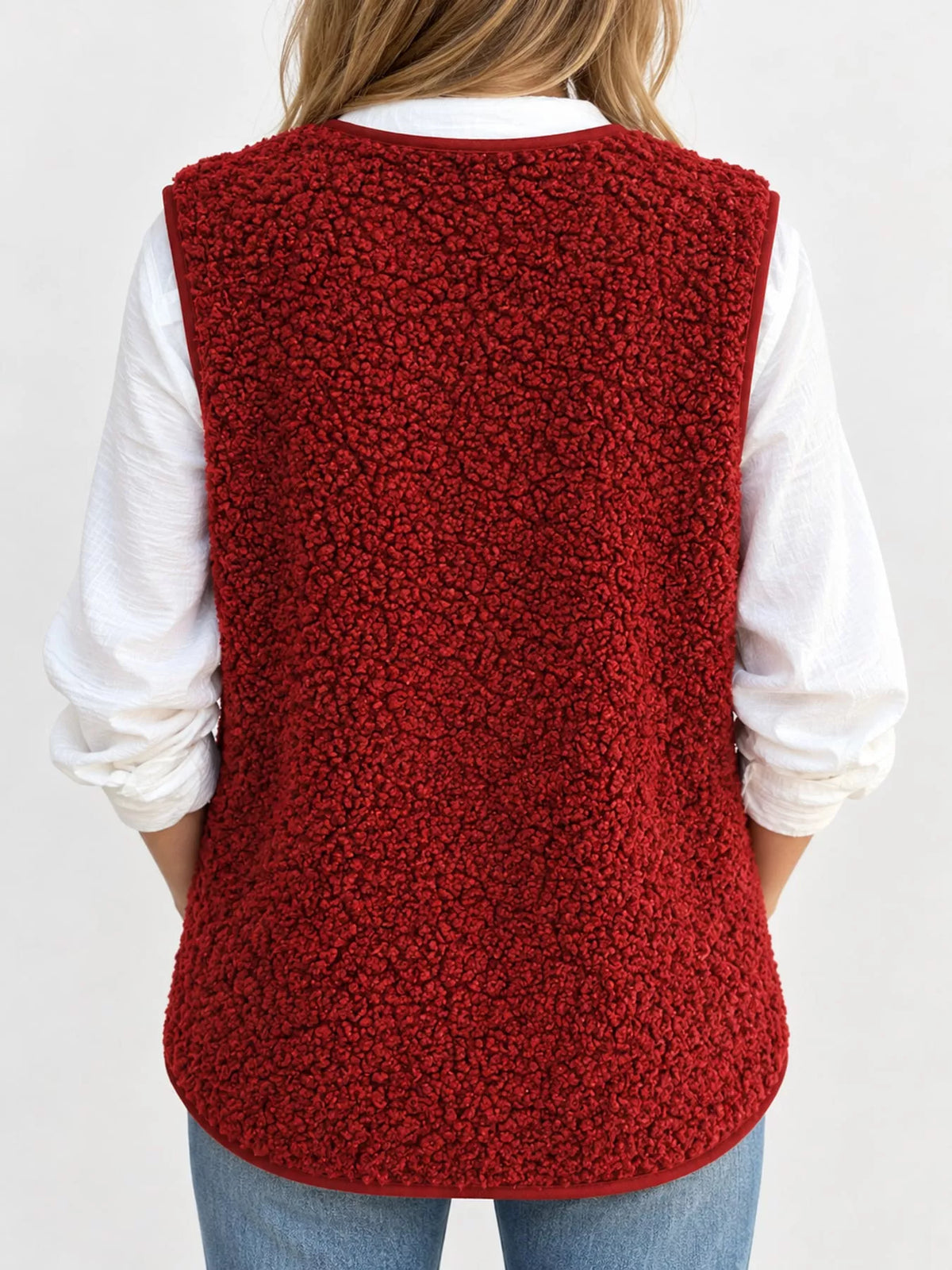 Women's Sherpa Button-Down Vest in red — back view