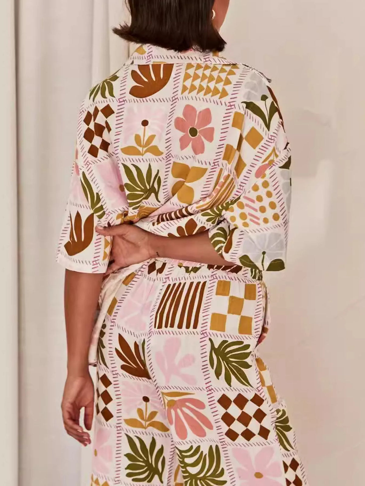Printed Button Up Shirt and Pants Set, back view in multicolor