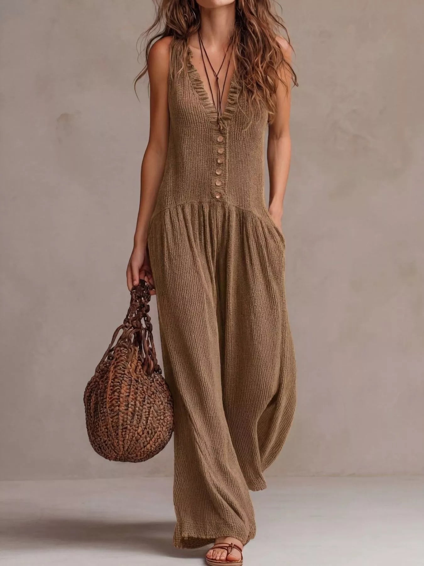 Trendsi V-Neck Sleeveless Wide Leg Jumpsuit -