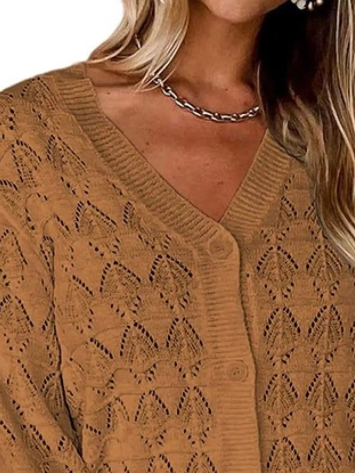 Trendsi Chic V-Neck Openwork Button-Down Knit Cardigan -