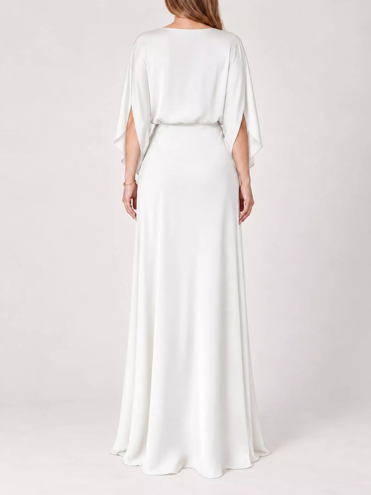 White satin cape sleeve maxi dress, back view
