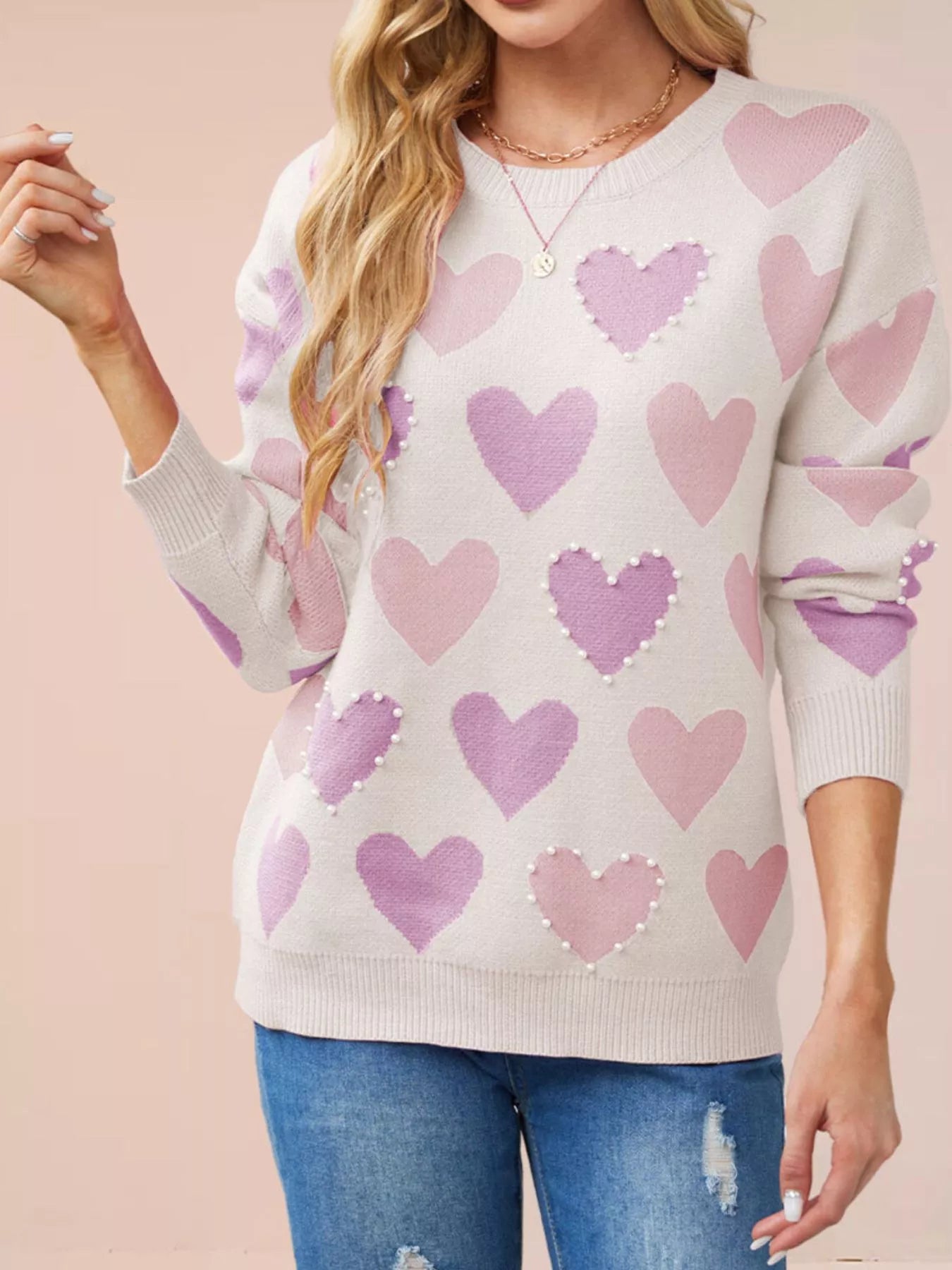 Trendsi Heart Pattern Pearl Embellishments Sweater -
