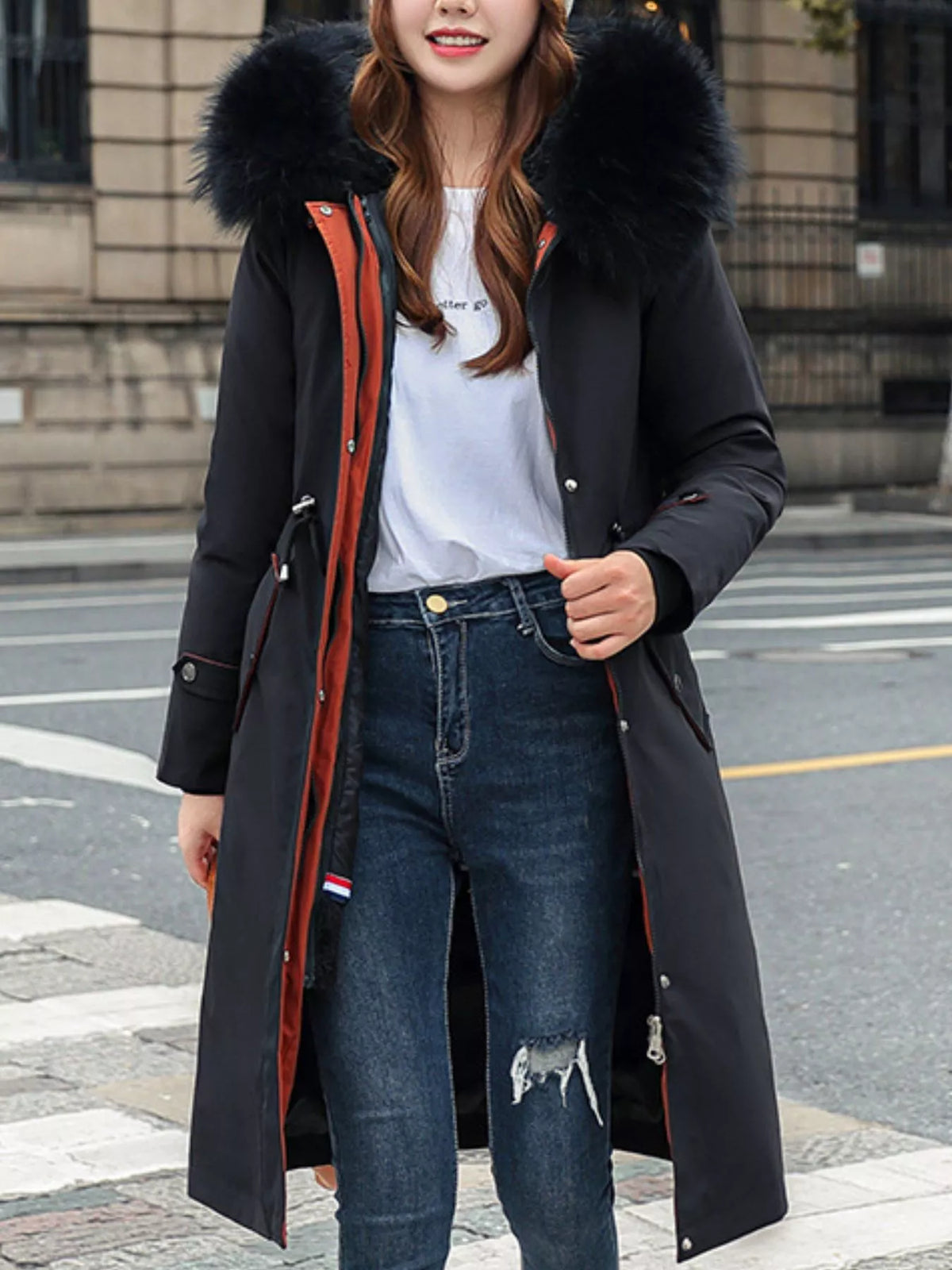 Faux-fur-trim parka, black open front