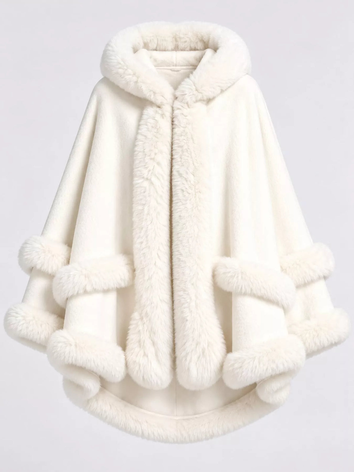 Faux-fur-trim cape, white flat lay
