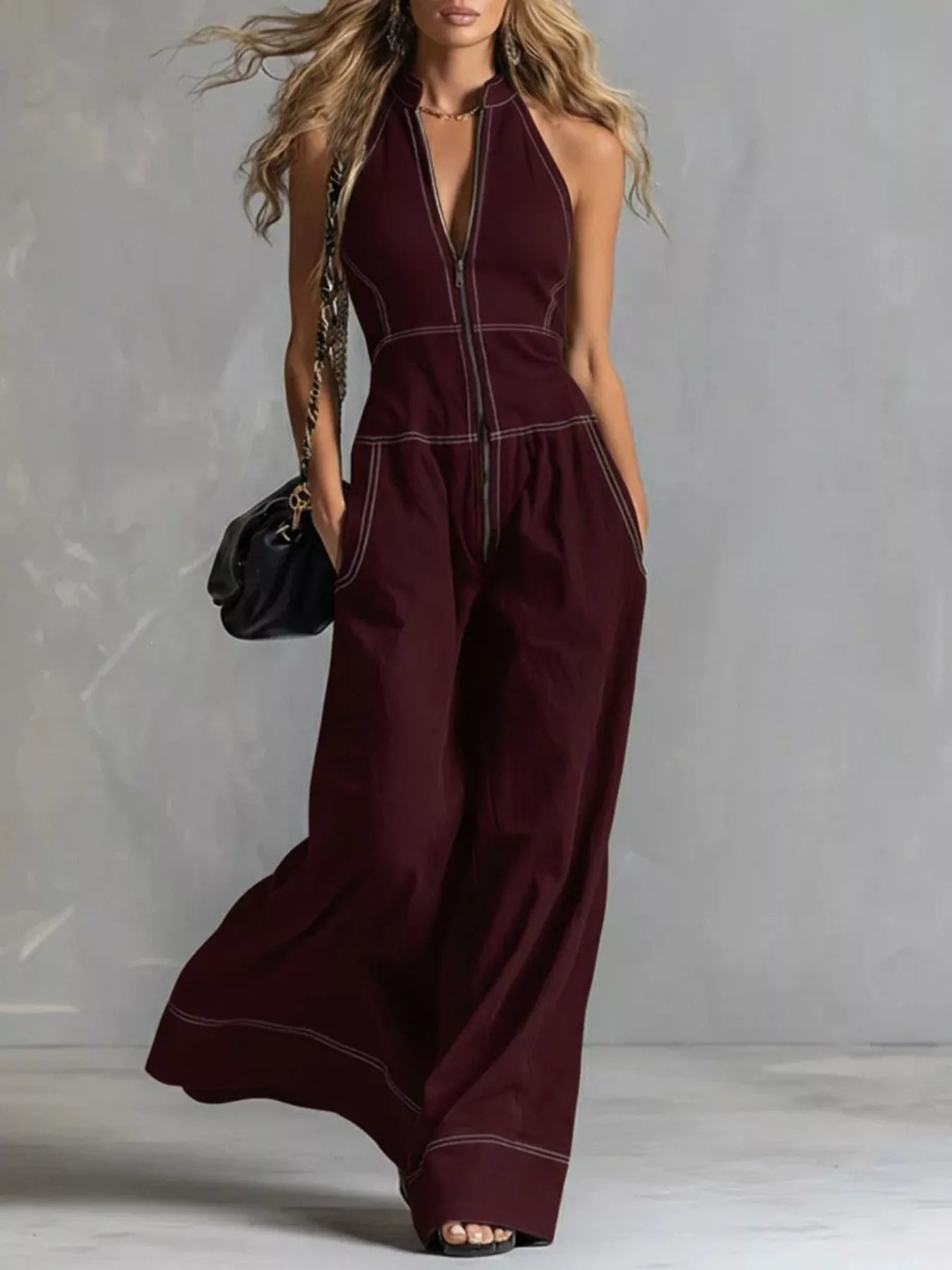 Trendsi Zip Front Sleeveless Wide Leg Jumpsuit -
