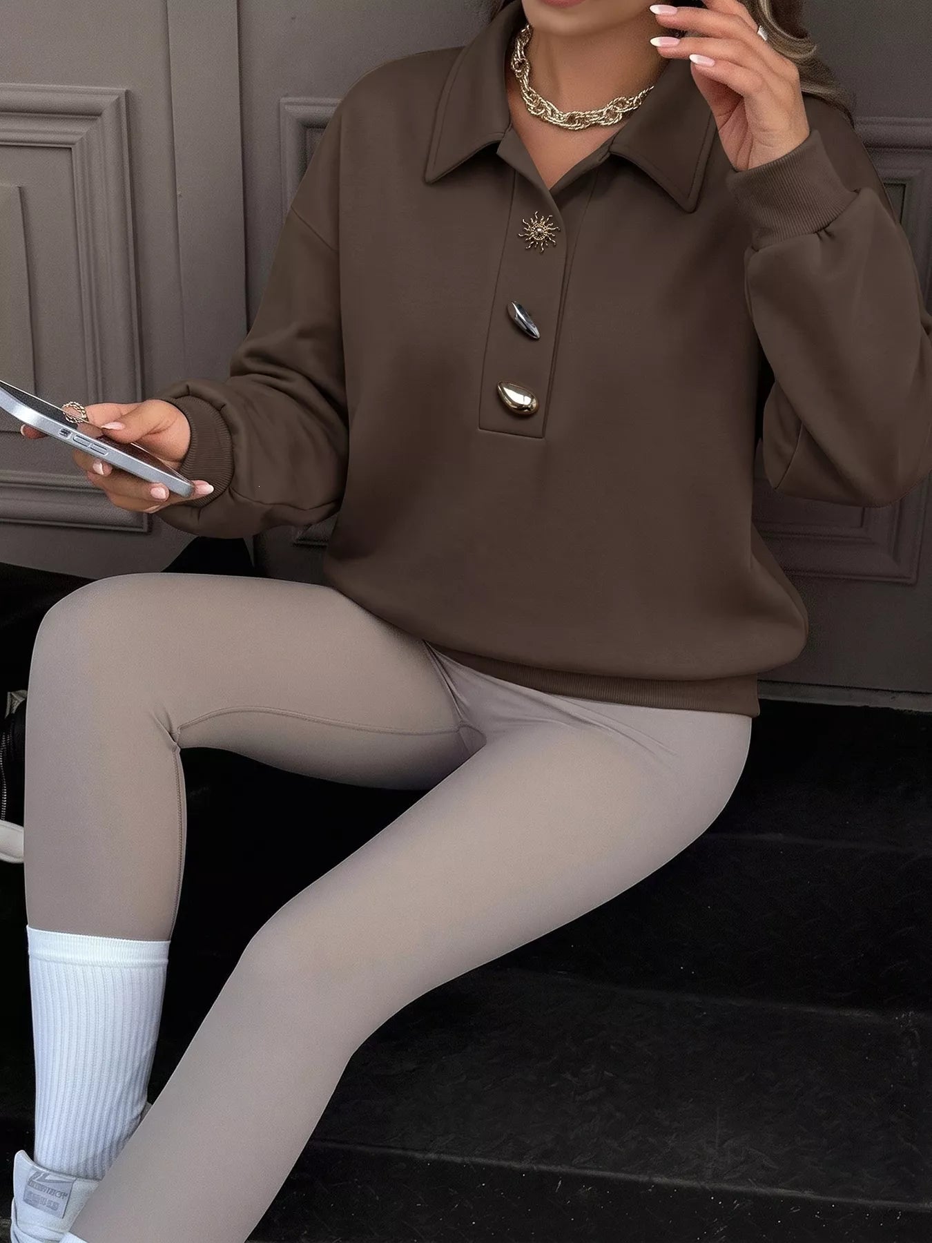 Trendsi Polo Collar Dropped Shoulder Sweatshirt -