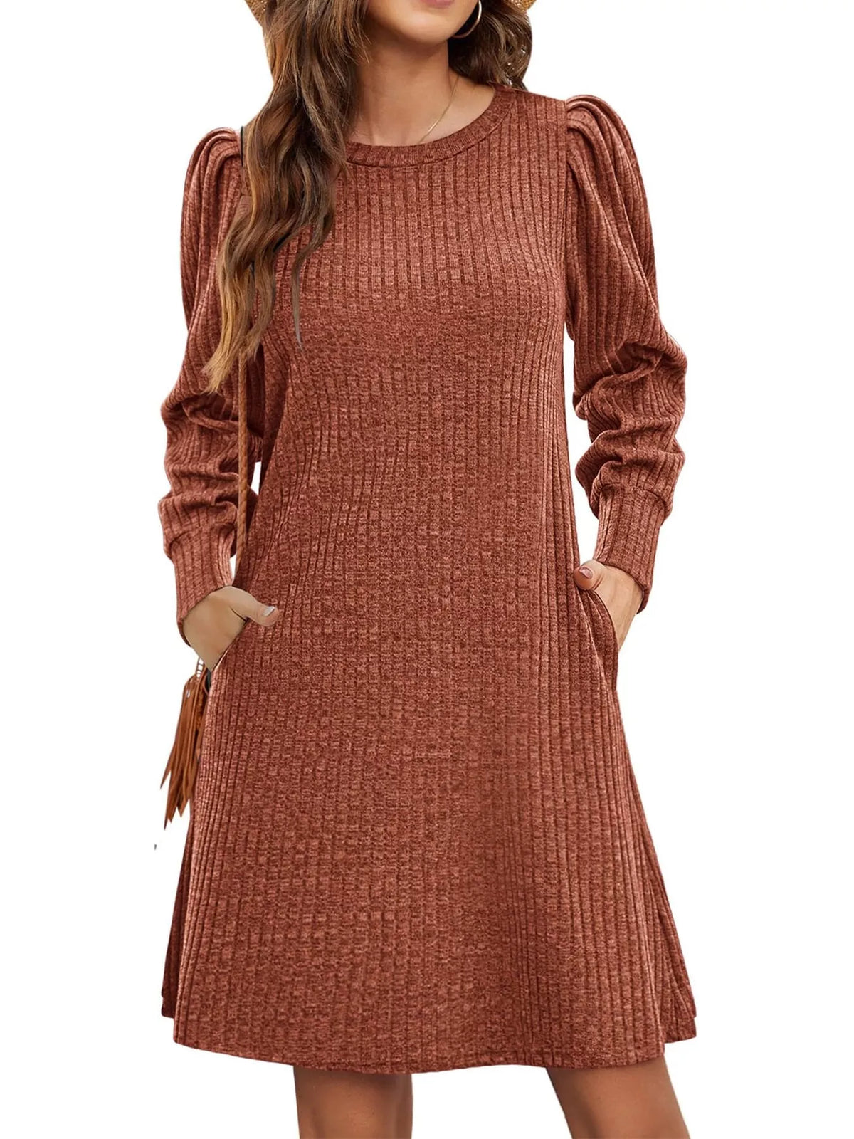 Ribbed puff-sleeve dress, rust front