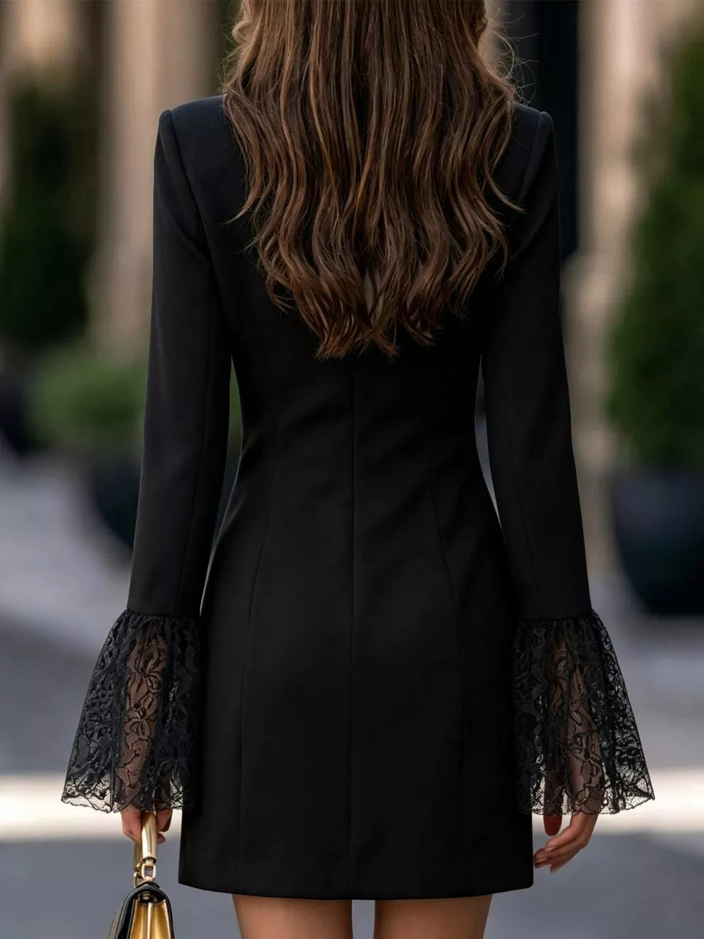 Black double-breasted blazer dress with lace flare cuffs, back view