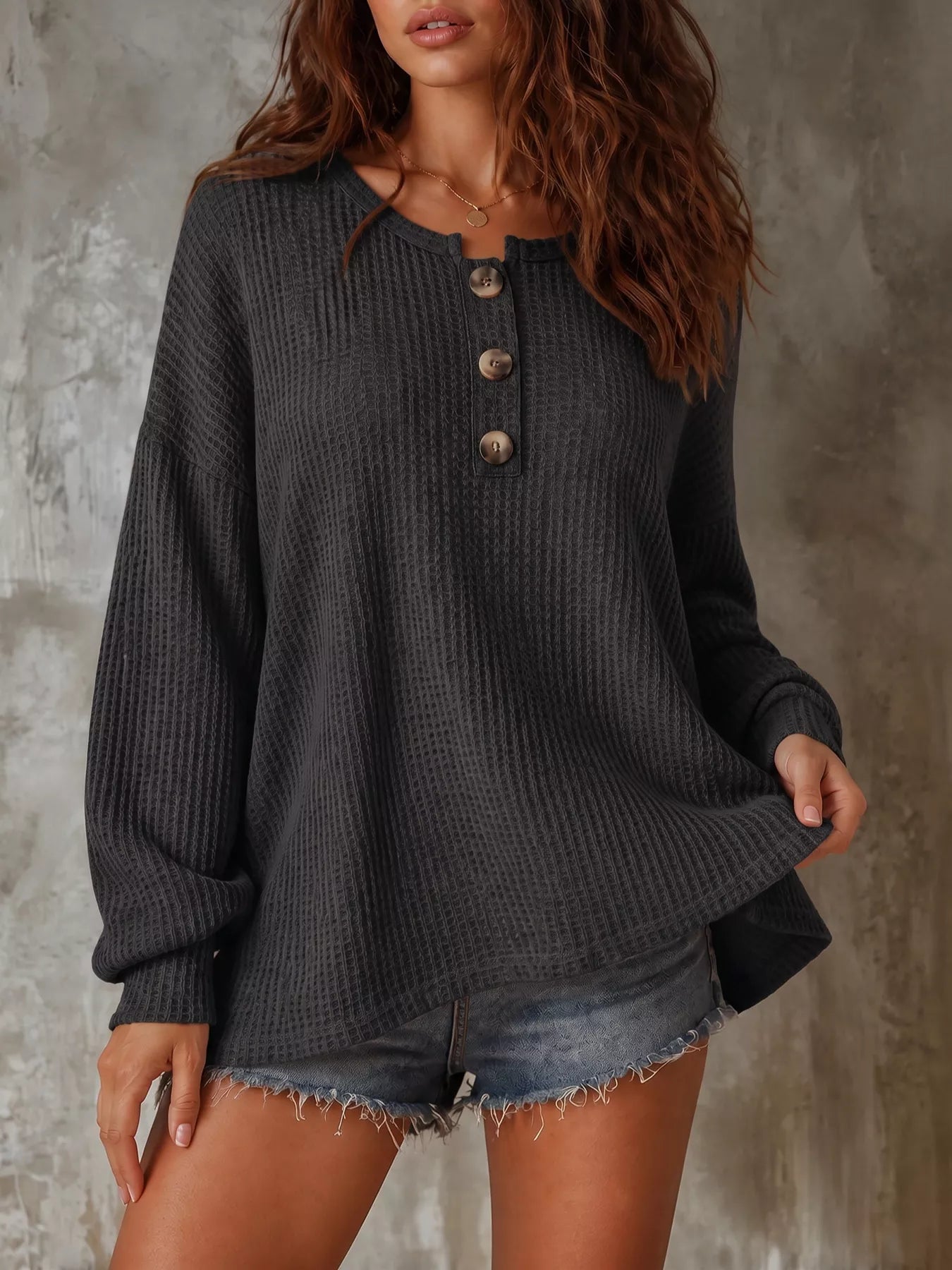 Trendsi Button Detail Dropped Shoulder Knit Top -