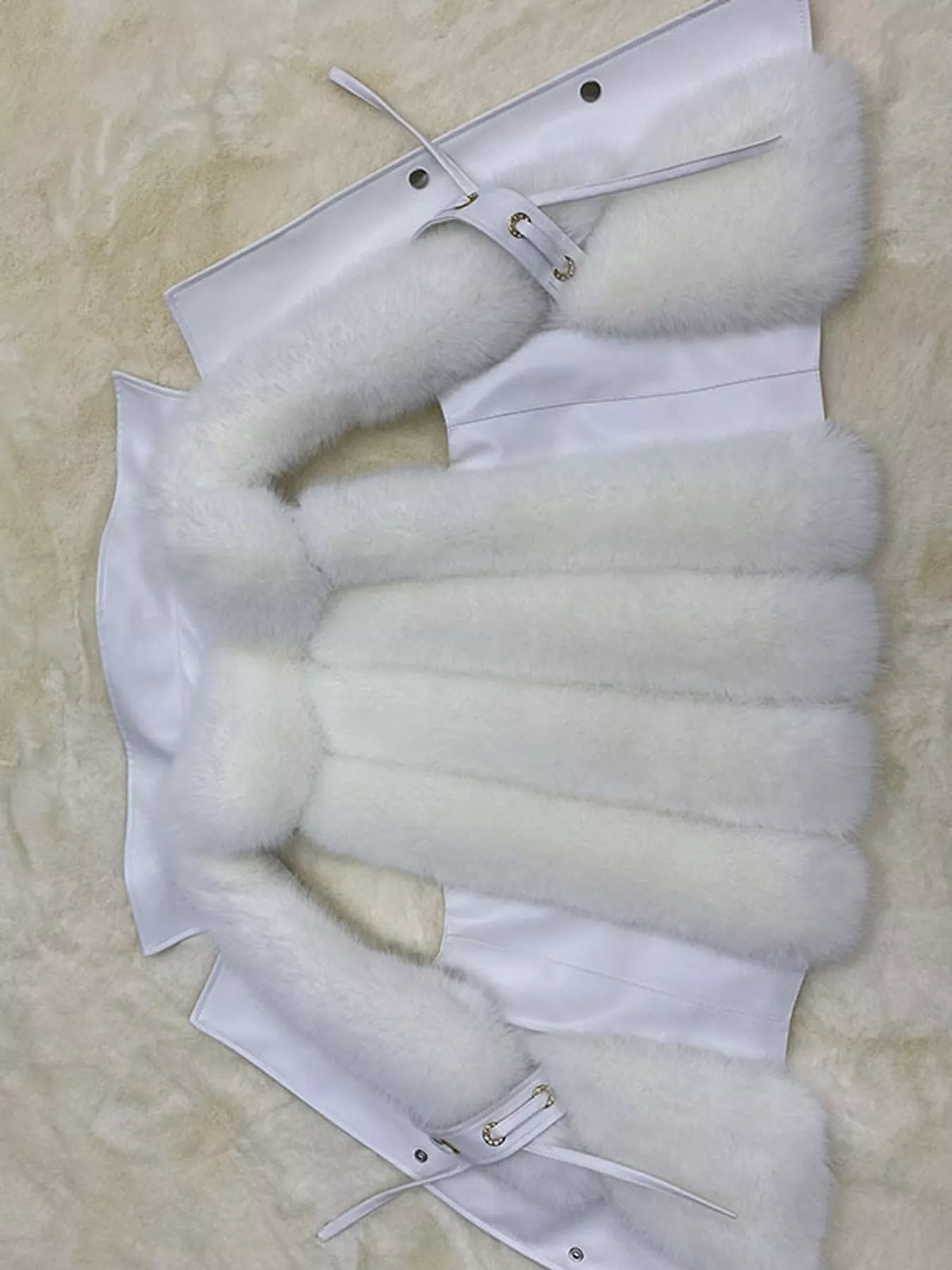 Faux Fur Snap Down Vest Coat, detail view in white