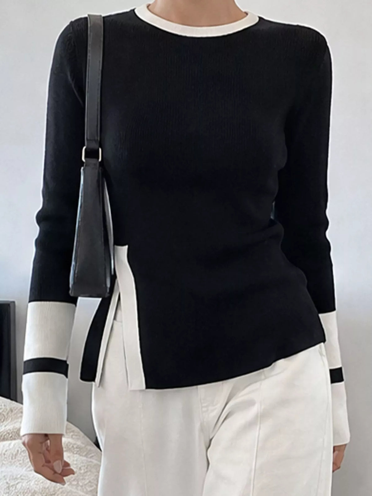 Trendsi Side Slit Contrast Trim Sweater -