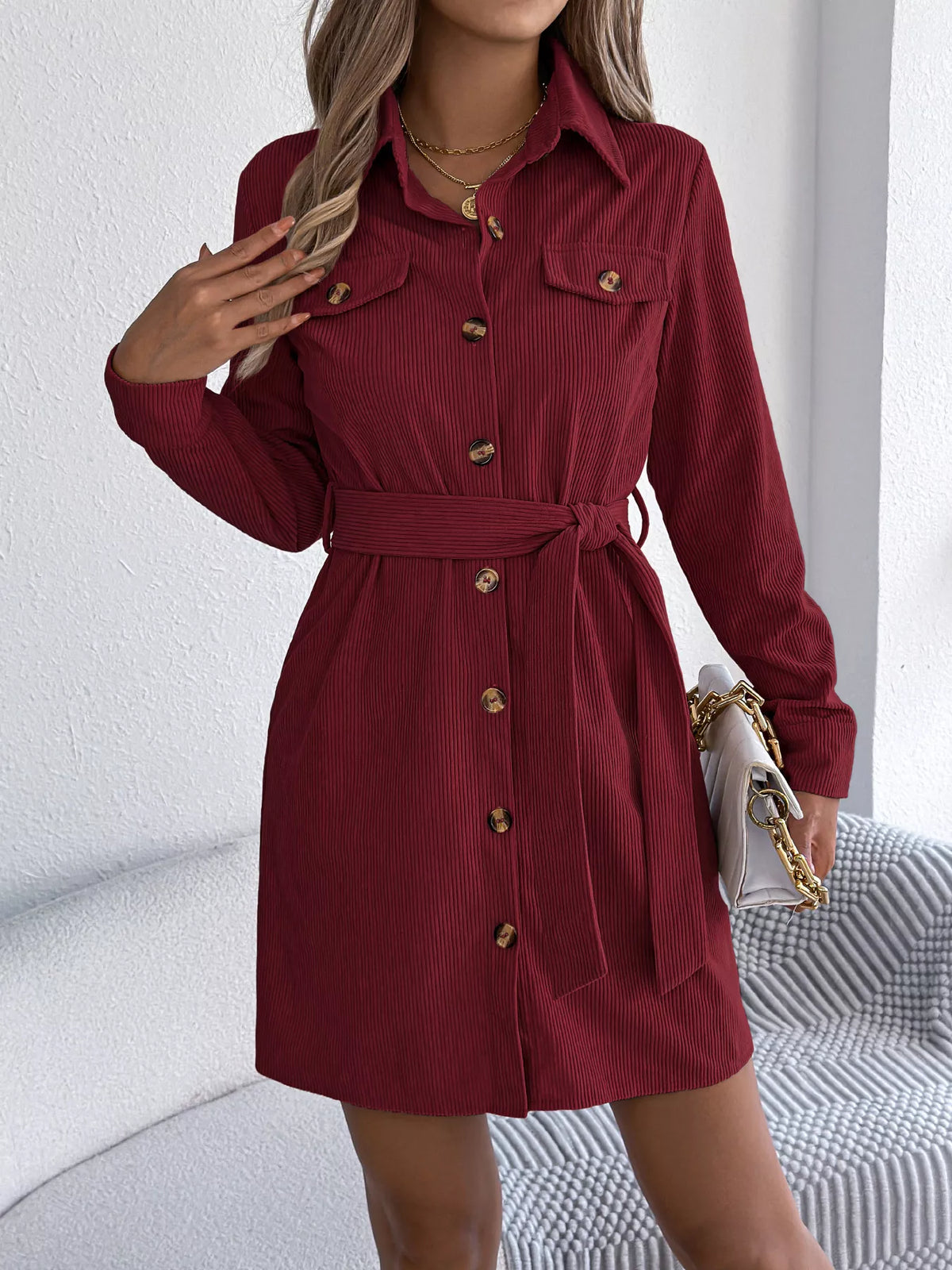 Corduroy Button-Down Shirt Dress in burgundy, front view