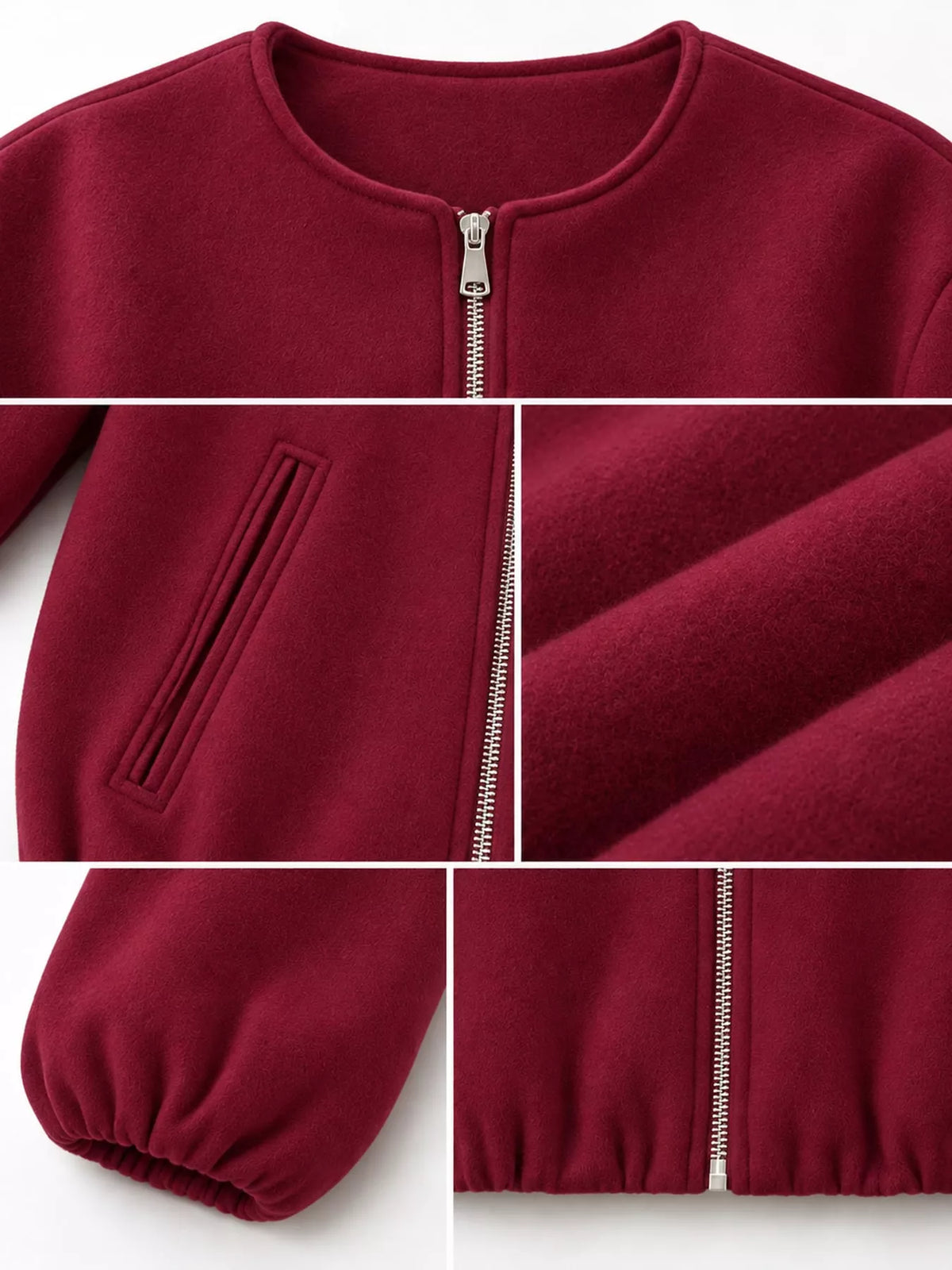 Burgundy zip-up long sleeve jacket — design and construction details