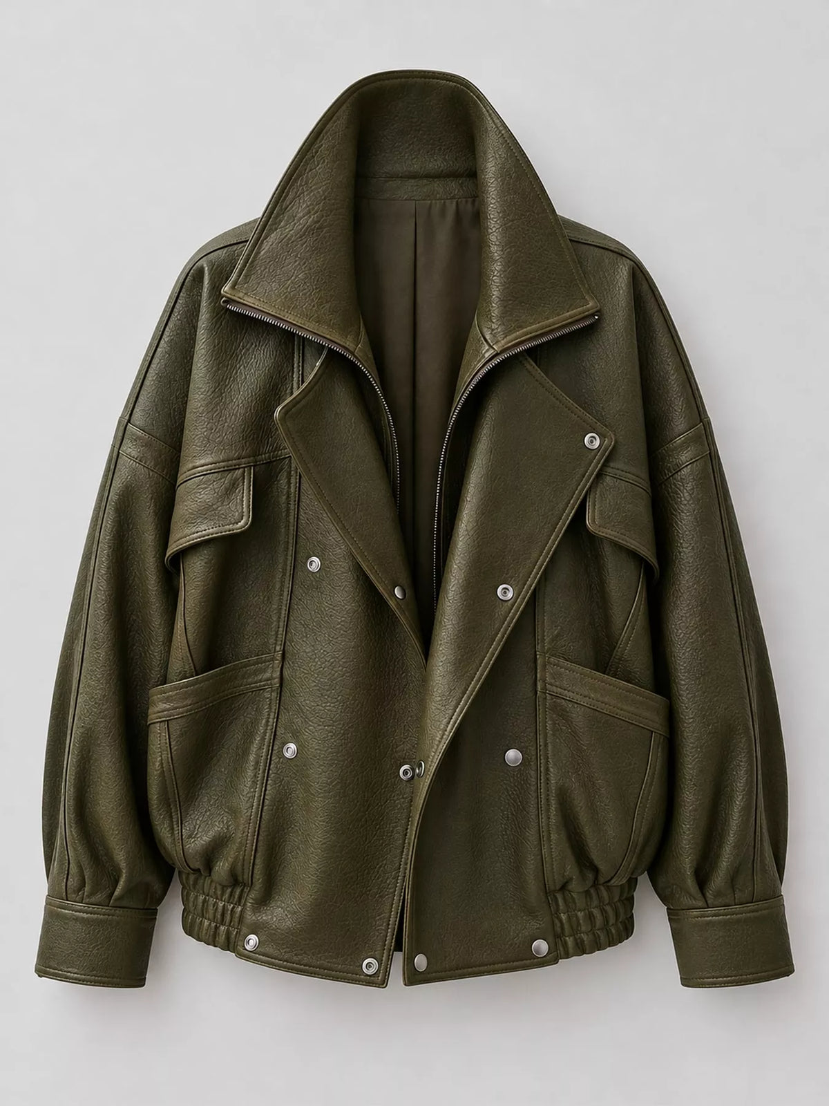 Snap Down Leather Jacket in dark green, front view
