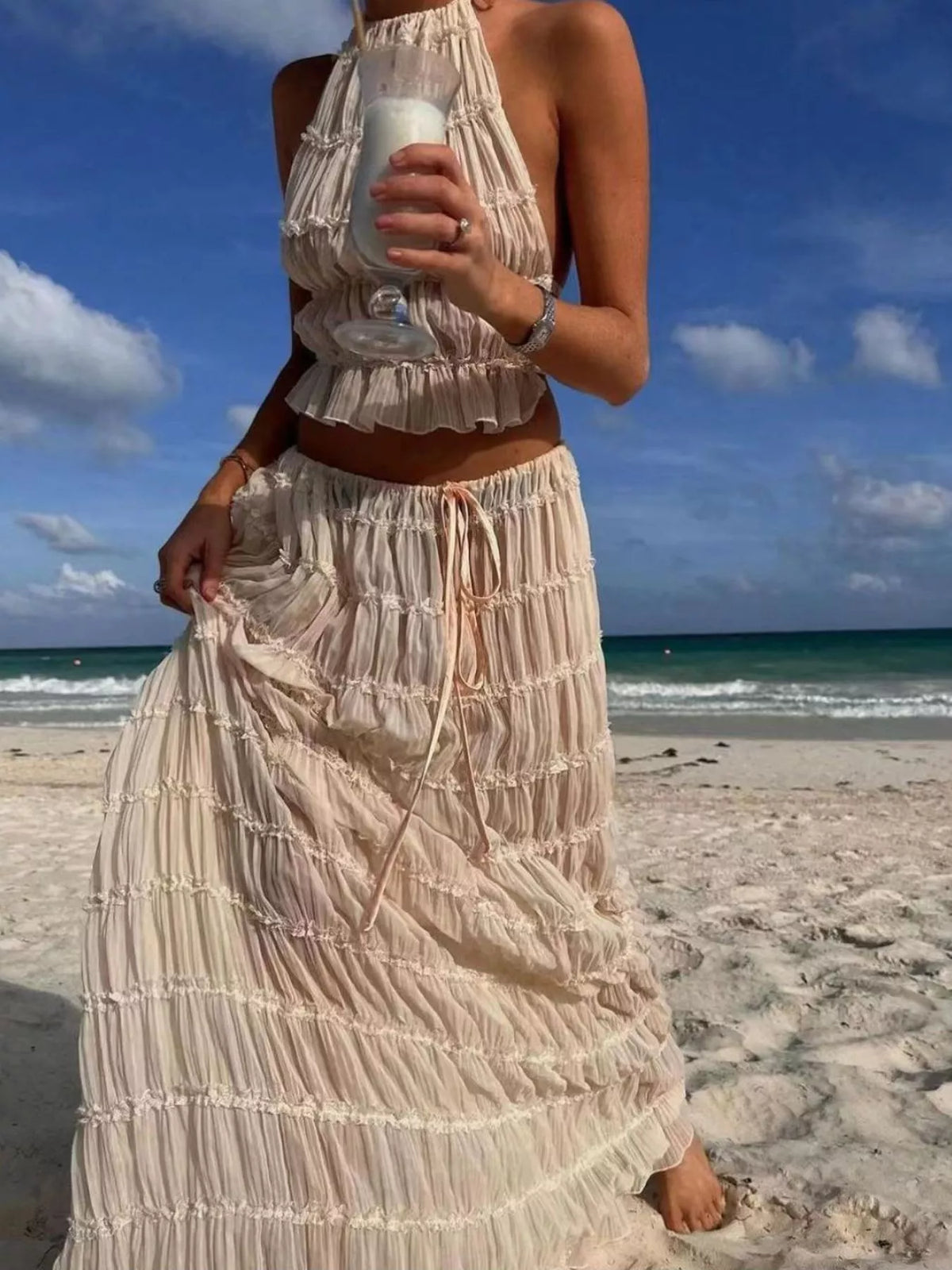 Halter top and skirt set, ivory set angled front
