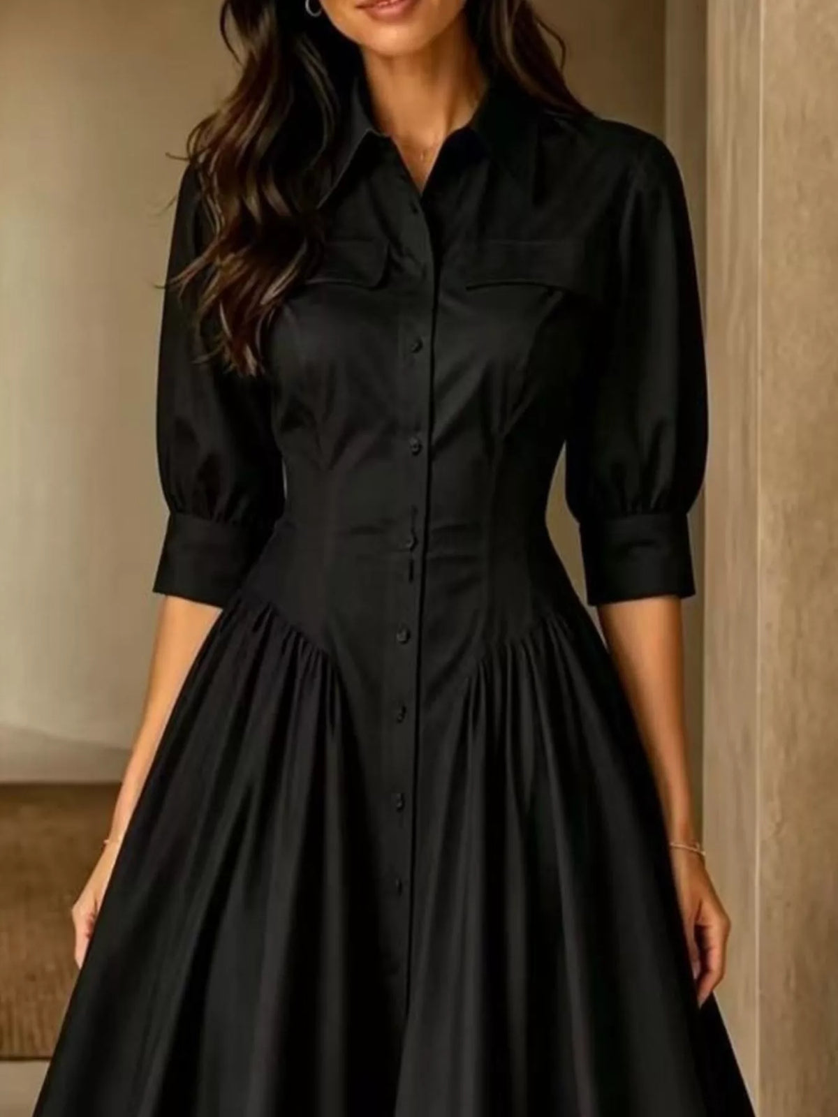 Button-Down Shirt Dress with Cinched Waist, bodice detail