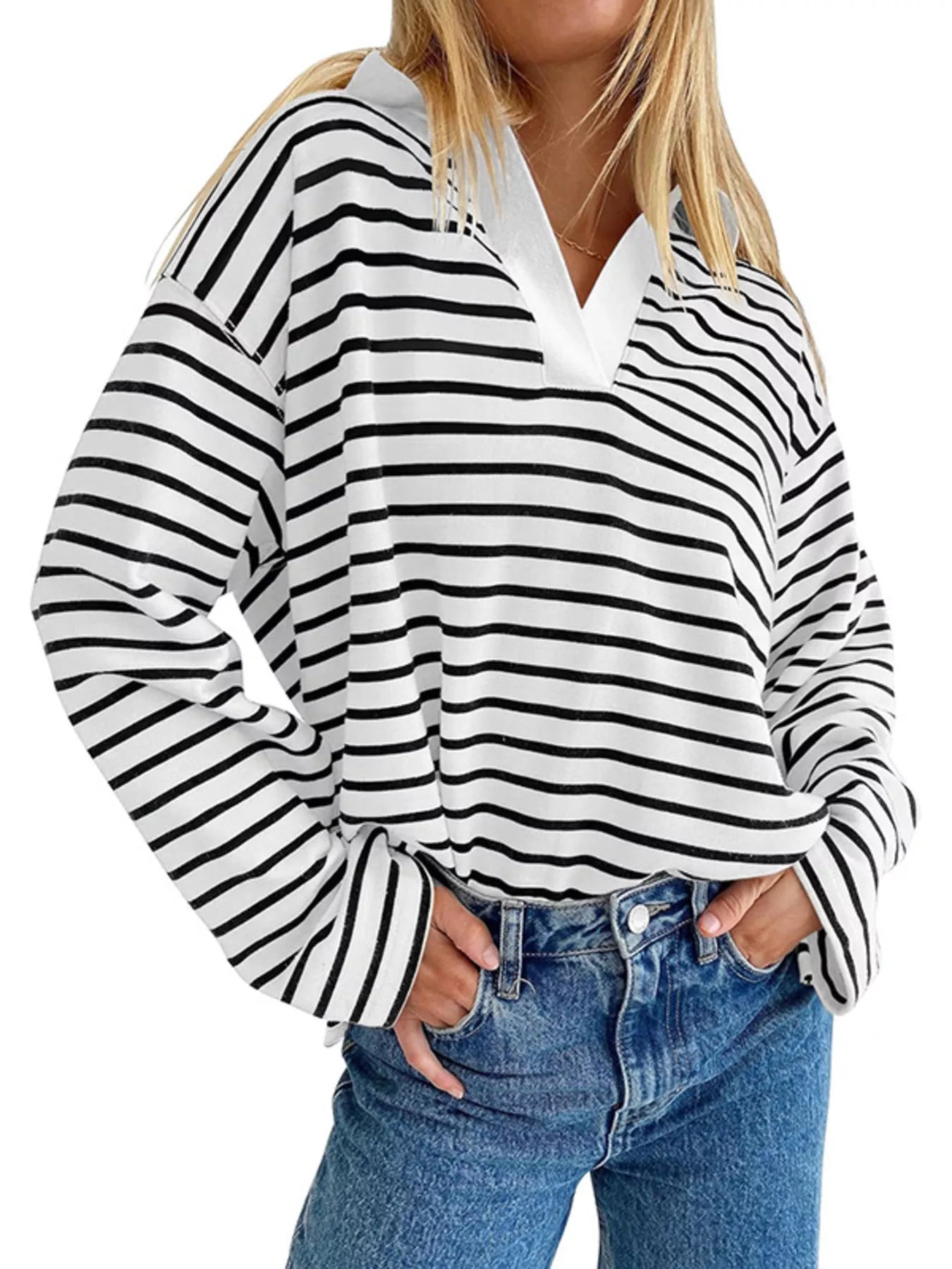 Trendsi Oversized Striped Johnny Collar T-Shirt -