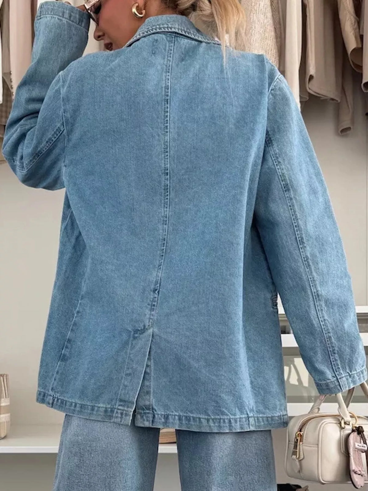 Lapel Collar Denim Blazer in light blue, back view