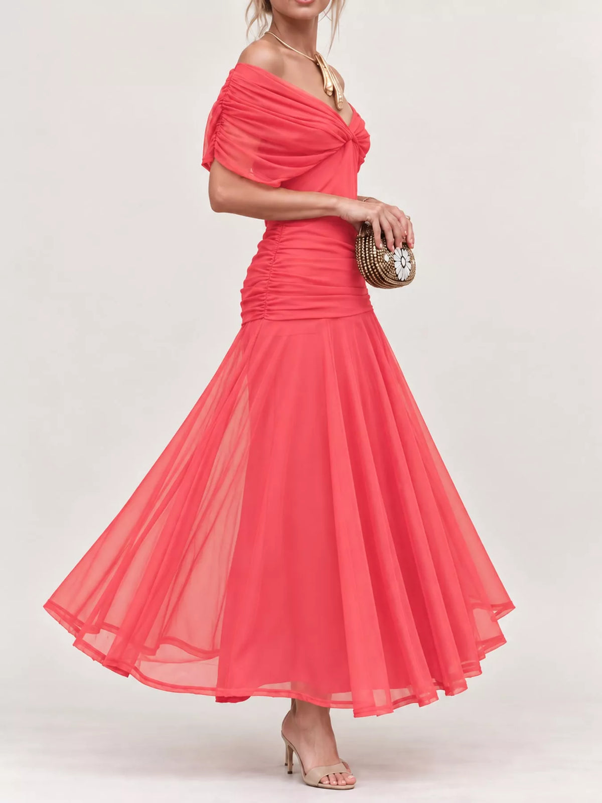 Red off shoulder ruched tulle evening dress, side view