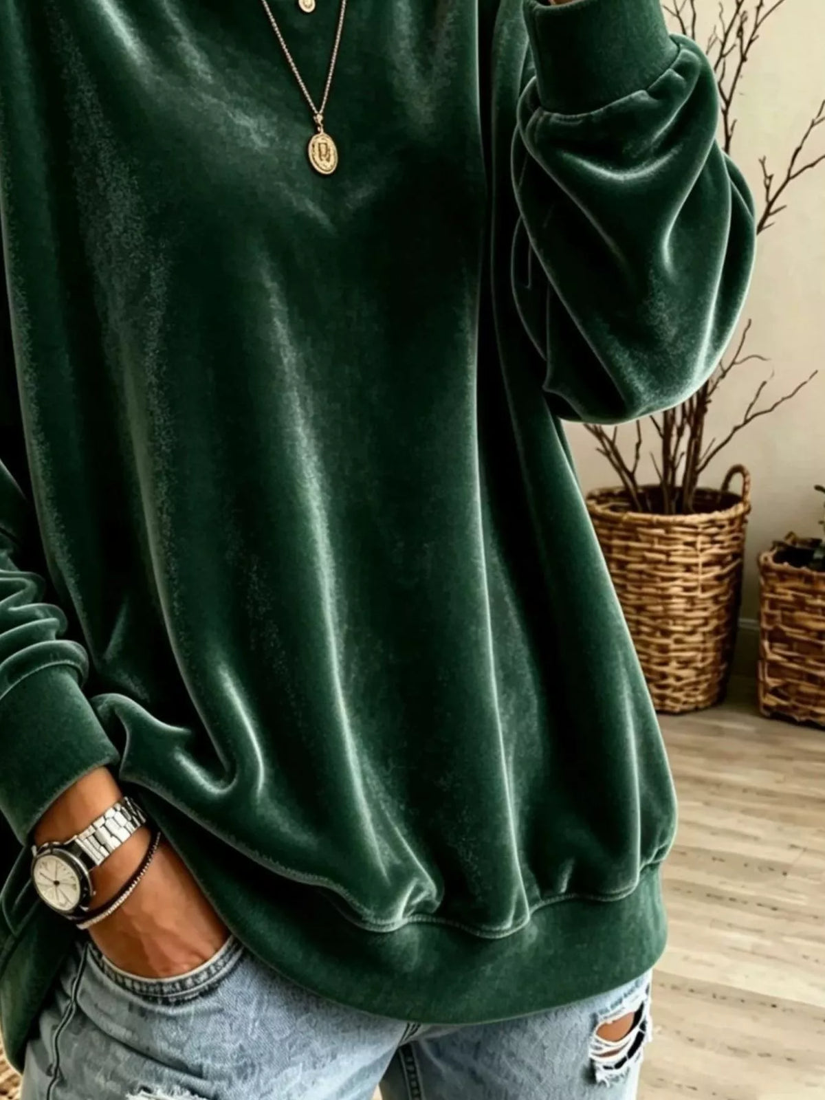 Women's Velvet Dropped Shoulder Crew Neck Sweatshirt in green — texture detail view