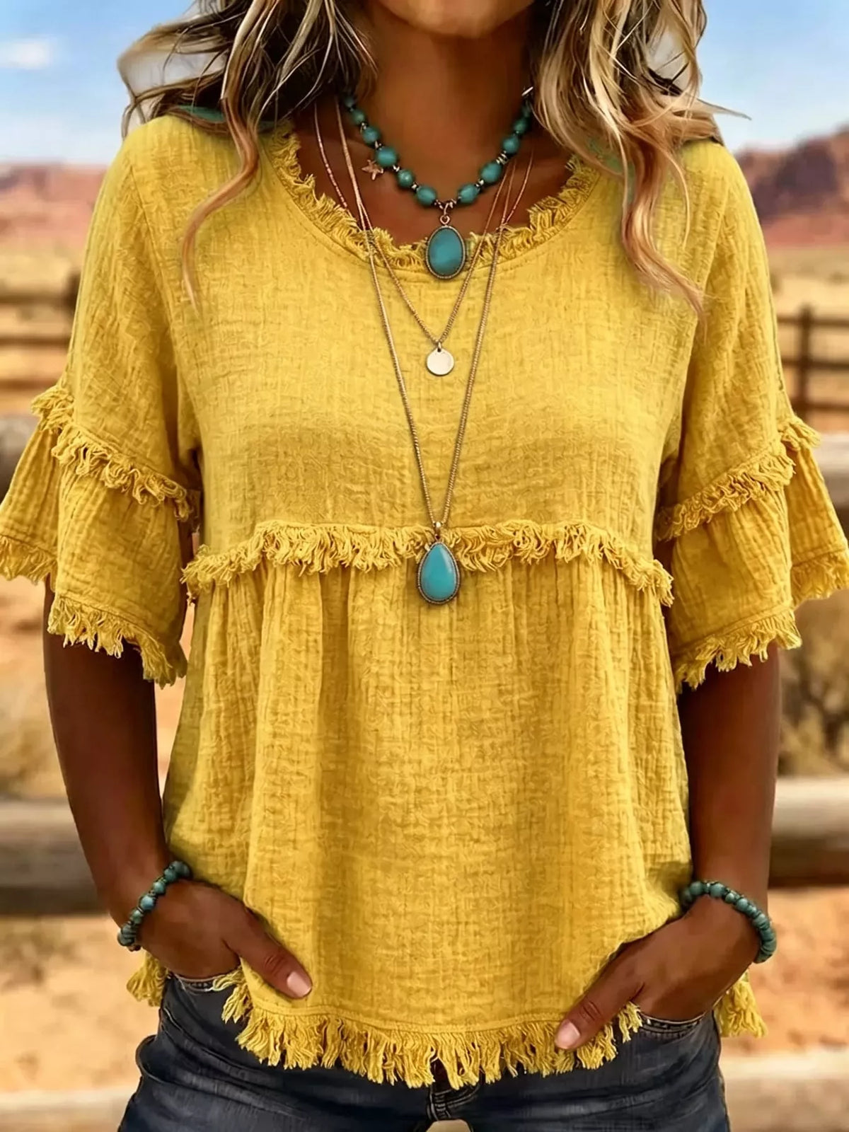 Yellow frayed edge textured blouse