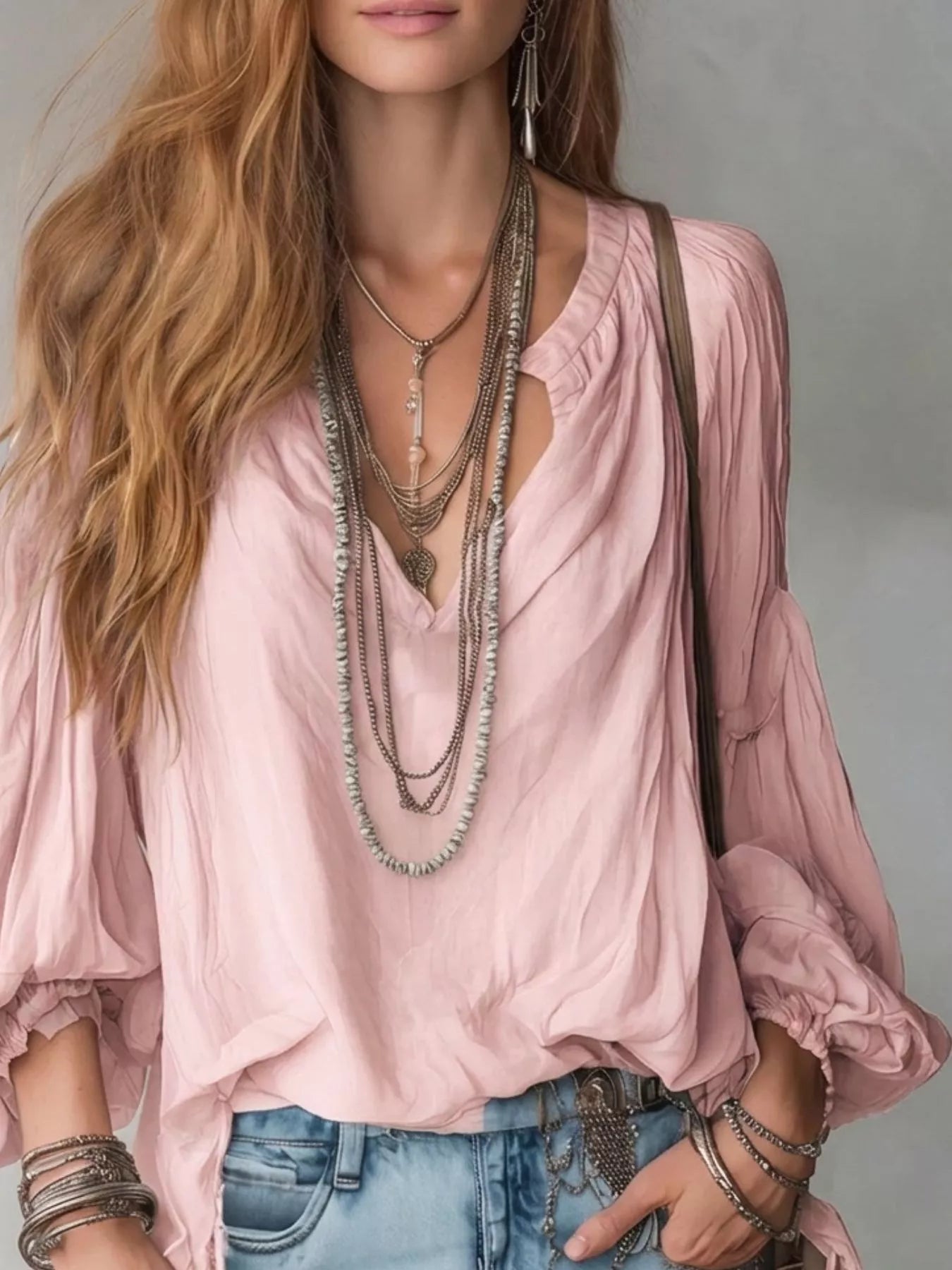 Trendsi Notched Balloon Sleeve Blouse -