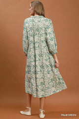 Trendsi Umgee Linen Botanical Print Tiered Midi Dress - Dresses