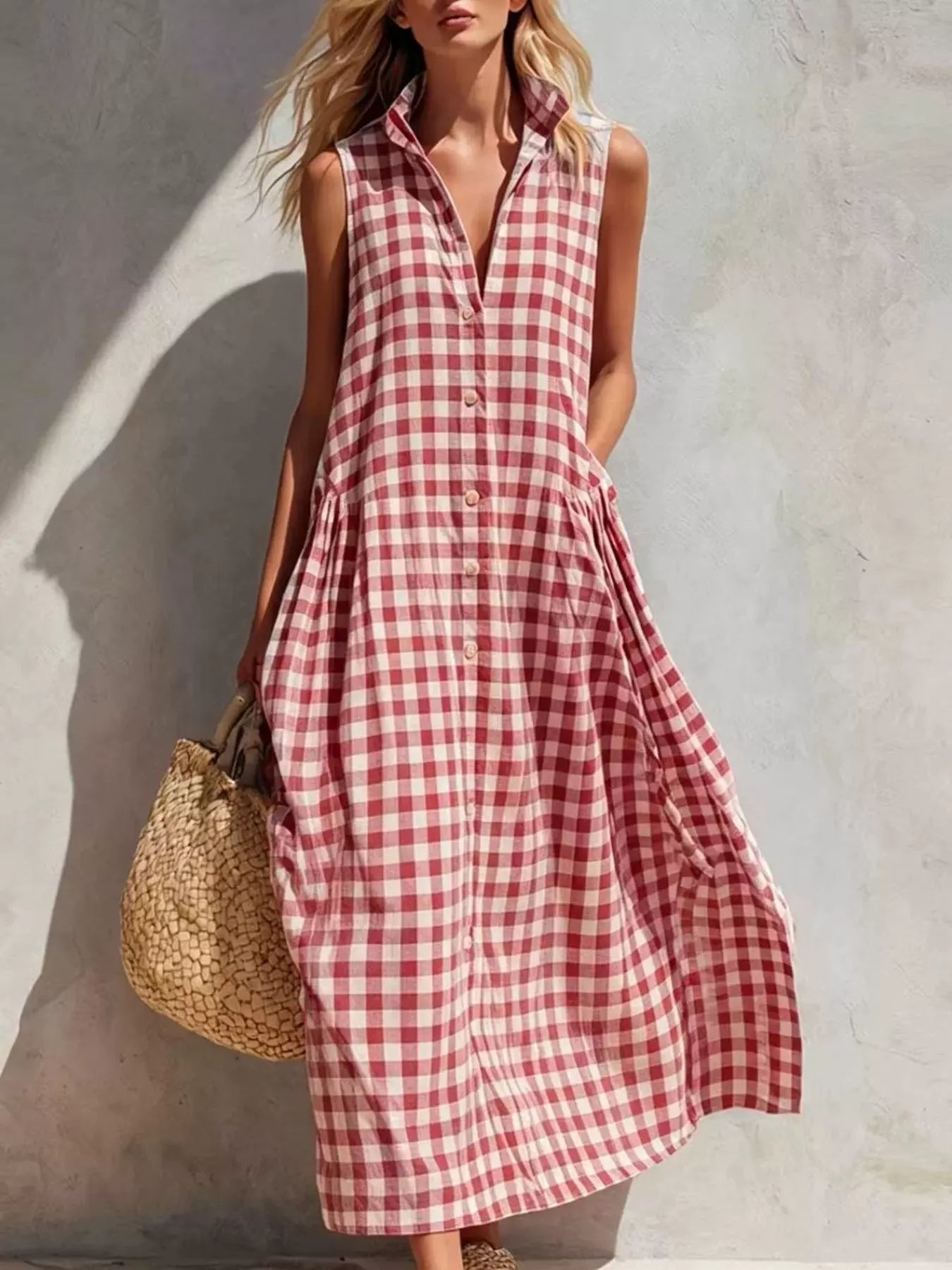 Trendsi Full Size Sleeveless Gingham Button-Down Midi Dress Plus Size -