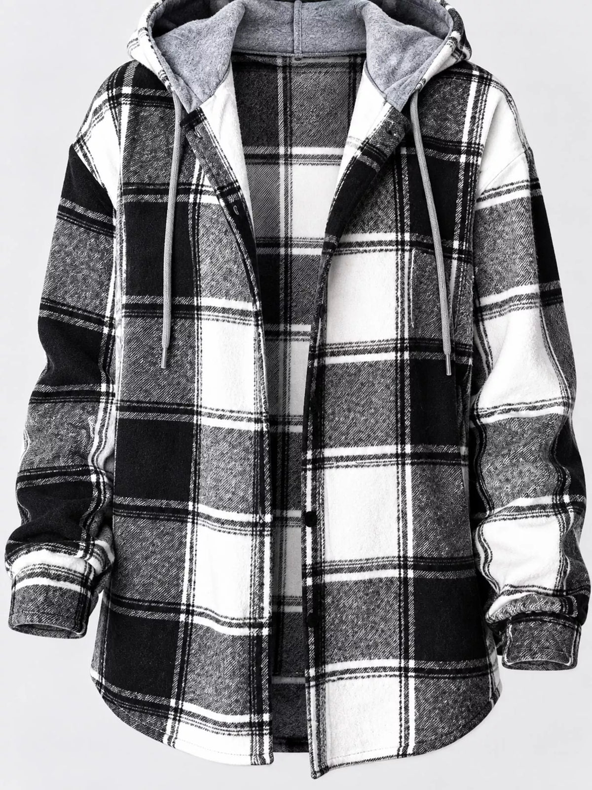 Button-Down Printed Contrast Hooded Shacket — garment construction details